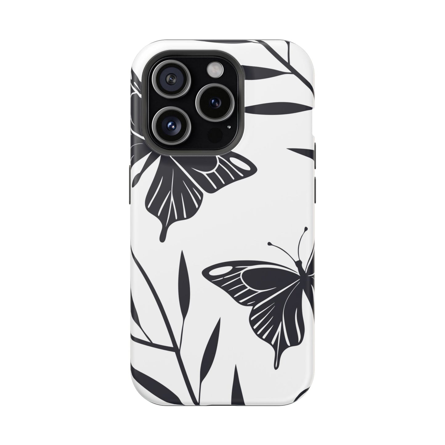 Black and white minimalist butterfly design iPhone case with protective dual layer and MagSafe compatibility