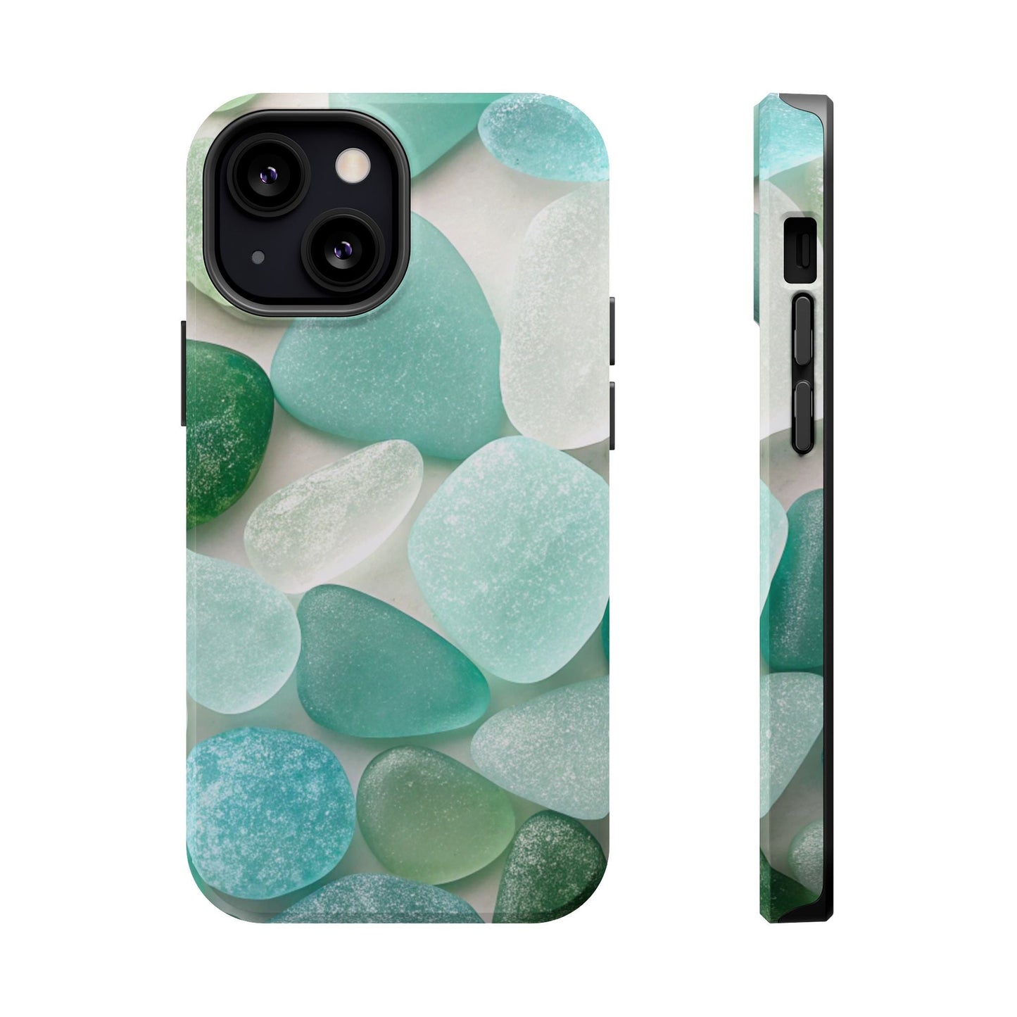 Sea glass inspired design iPhone case with durable dual-layer protection and MagSafe compatibility, featuring calming blue and green sea glass patterns.