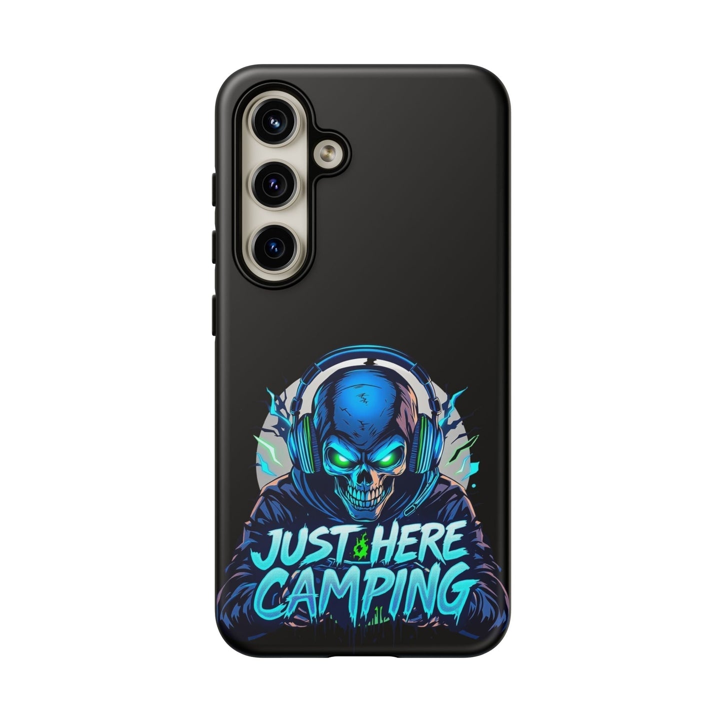 Samsung Tough Case for gaming enthusiasts with "Just Here Camping" skull design and premium protection