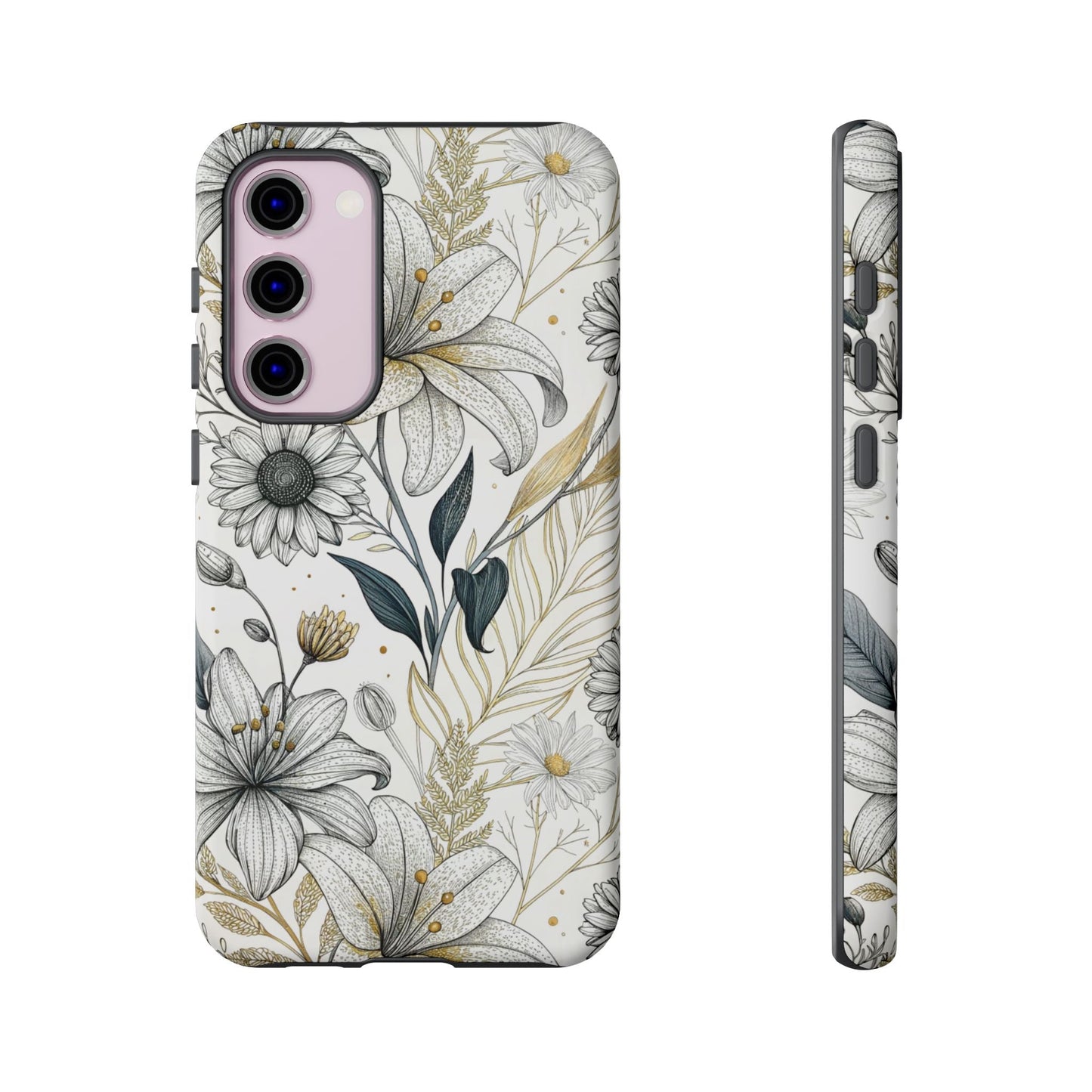 Samsung tough case with golden leaf minimalist floral design for superior phone protection