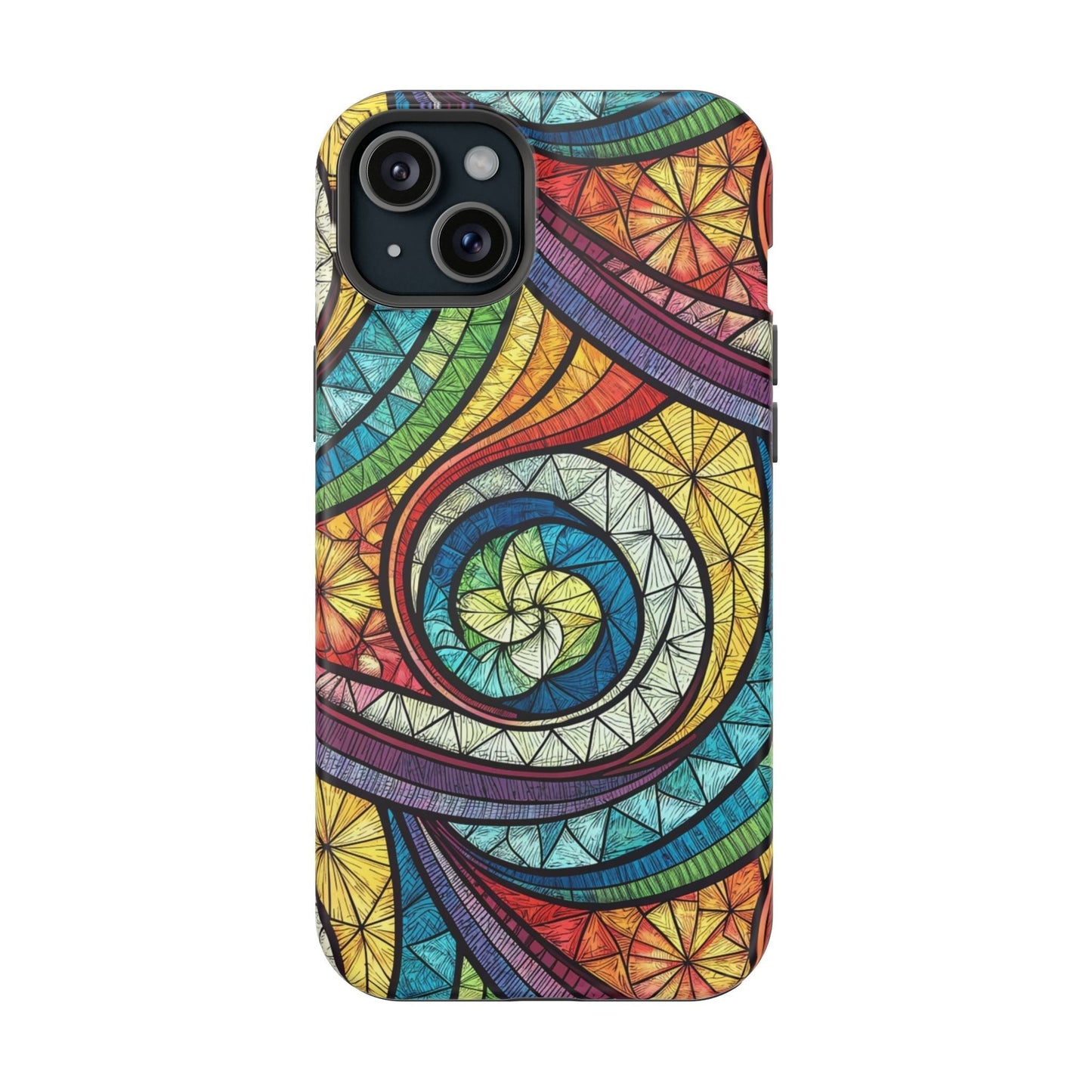 Stained glass inspired rainbow swirl iPhone case with vibrant, artistic design and durable dual-layer protection.