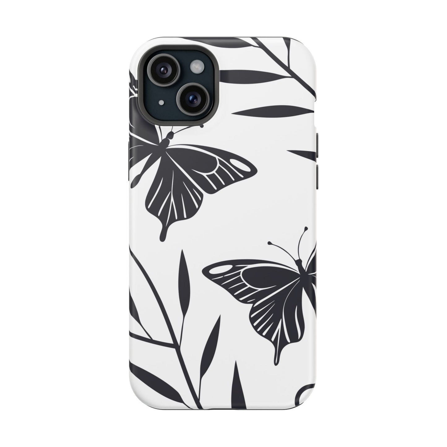Black and white minimalist butterfly design iPhone case with durable dual-layer protection and MagSafe compatibility