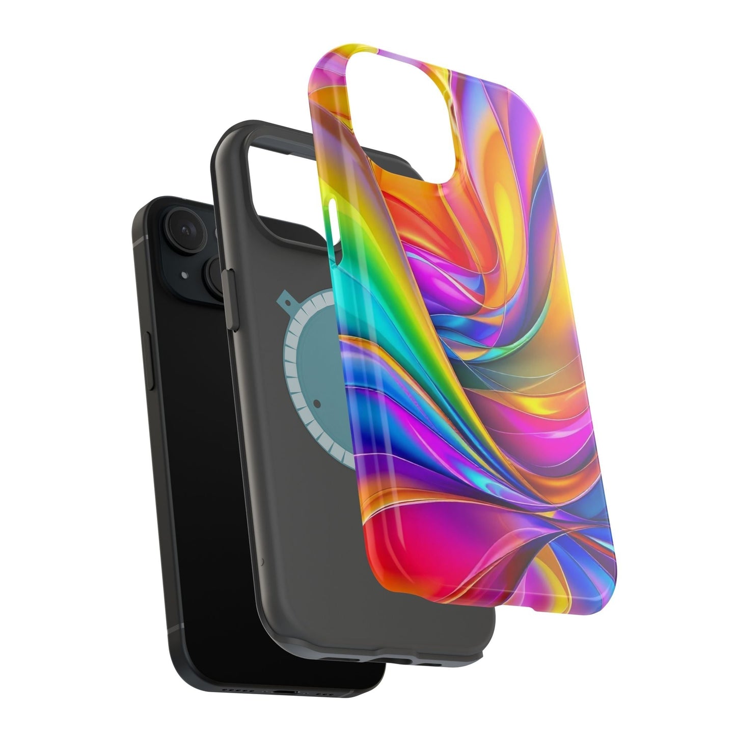 Vibrant Deconstructed Rainbow Wave iPhone tough case with durable dual-layer polycarbonate and TPU design, featuring MagSafe compatibility and wrap-around colorful abstract pattern.