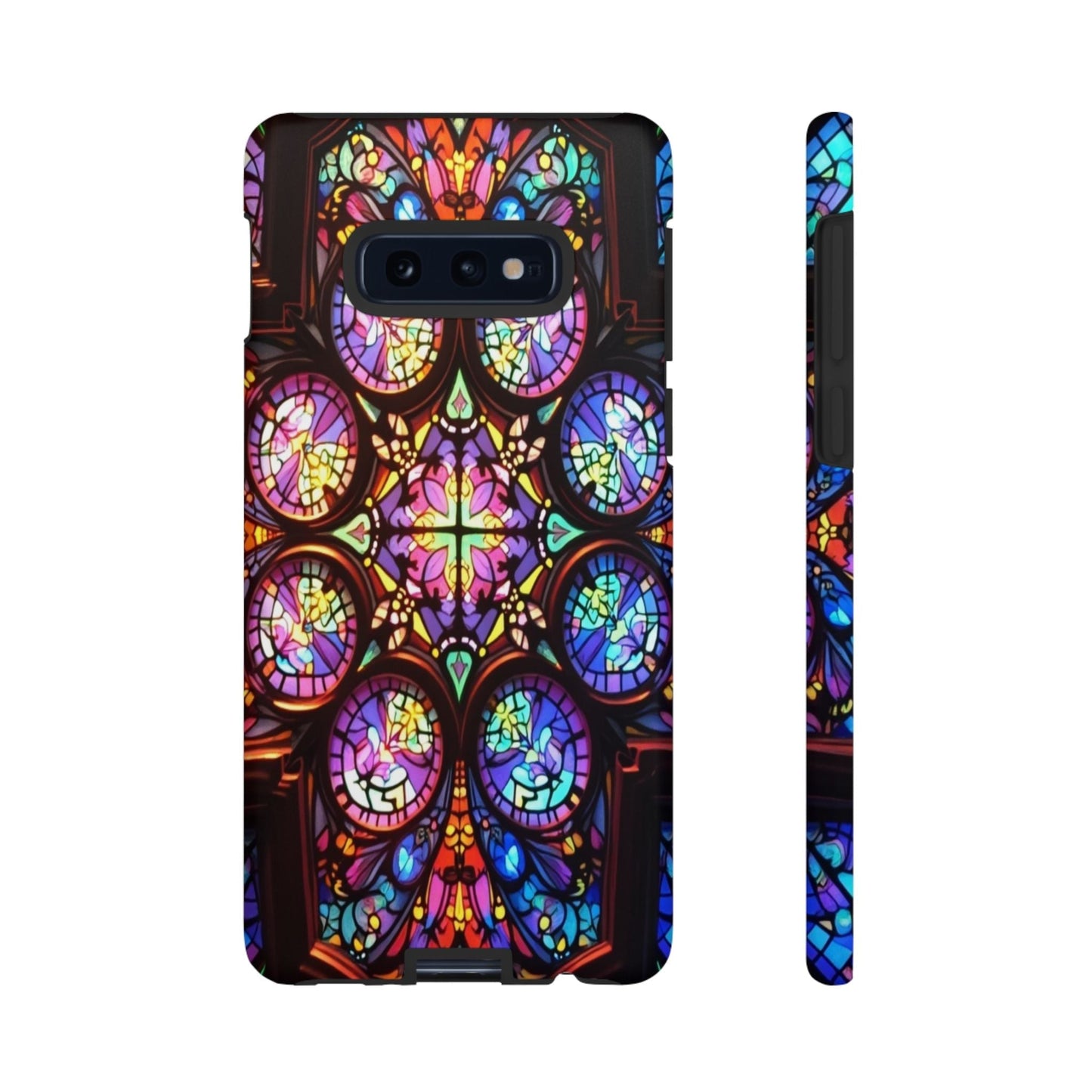 Samsung Galaxy phone case with colorful hypnotic stained glass design, durable and artistic protective cover