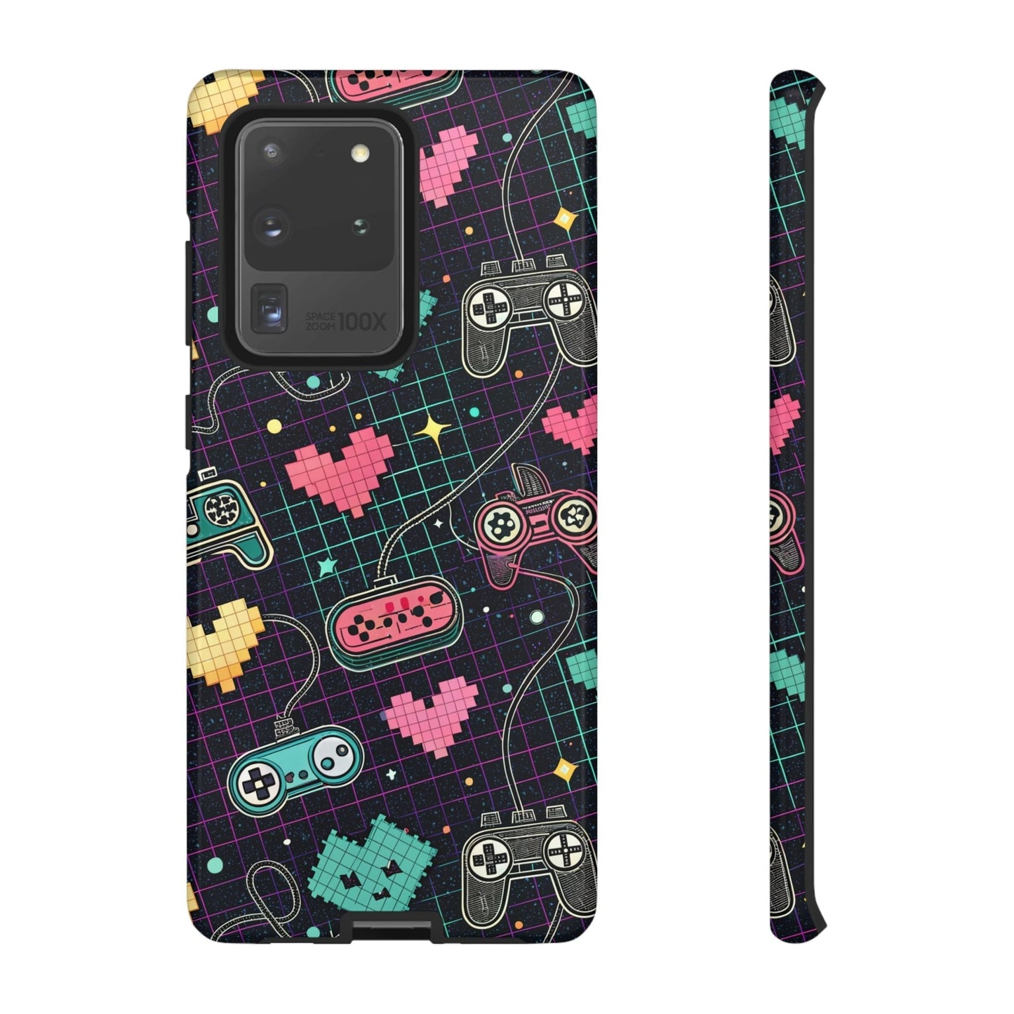 Retro Gamer Tough Case for Samsung Galaxy with pixelated game controllers and hearts design, durable protective phone cover