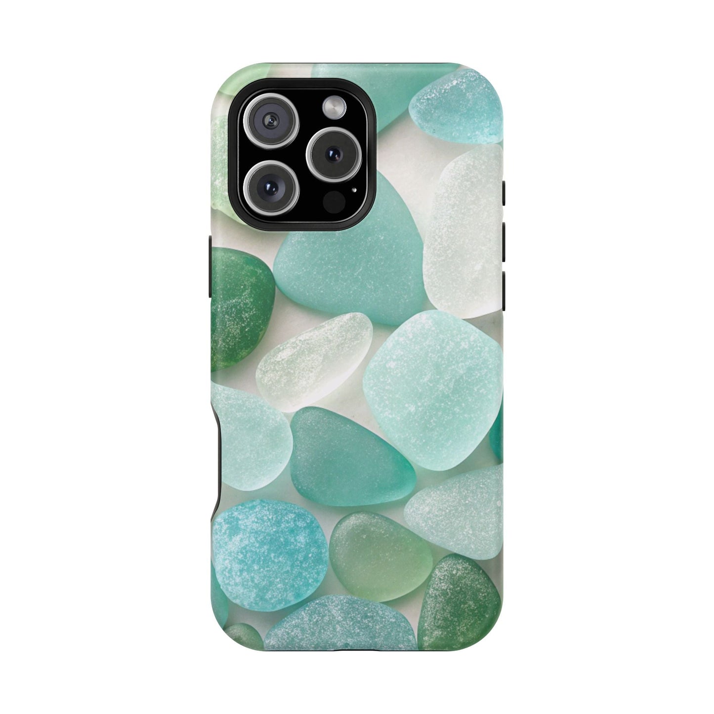 iPhone case with sea glass inspired design in calming blue and green tones, durable polycarbonate and TPU protection, MagSafe compatible