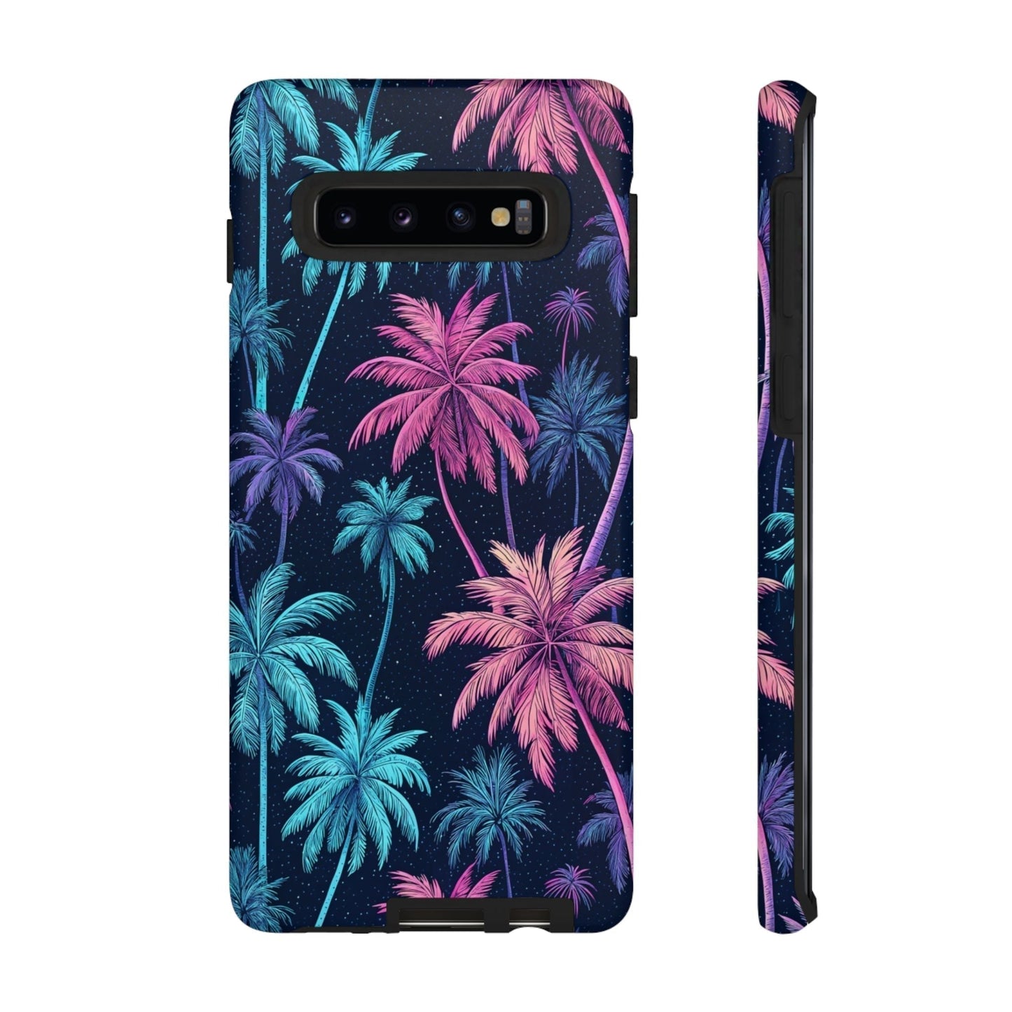 Neon Palm Tree Phone Case for Samsung Galaxy with vibrant glowing pink and blue palm tree design and durable slim fit protection