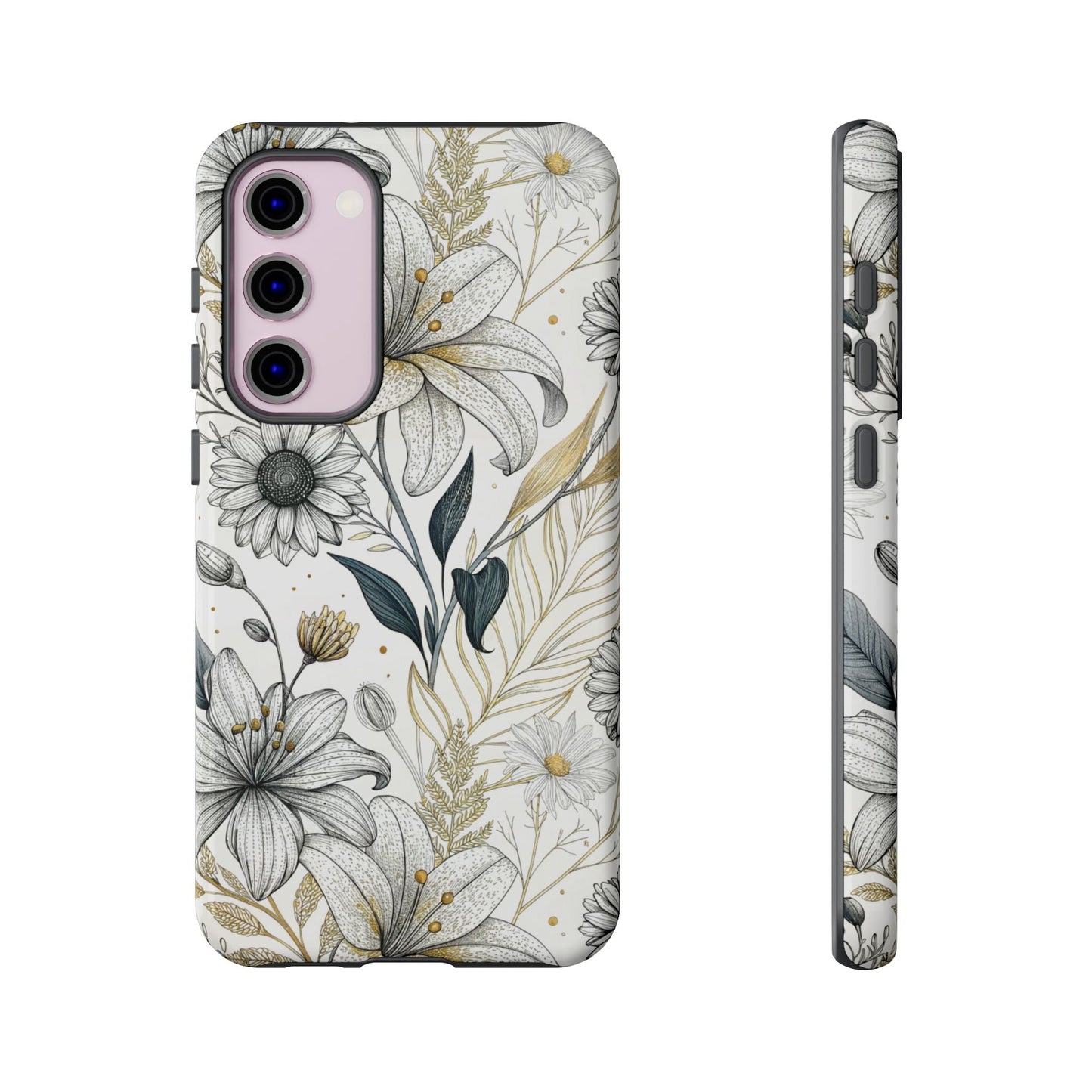Samsung tough case with minimalist golden leaf and floral design, durable drop protection for Galaxy S21 and newer models