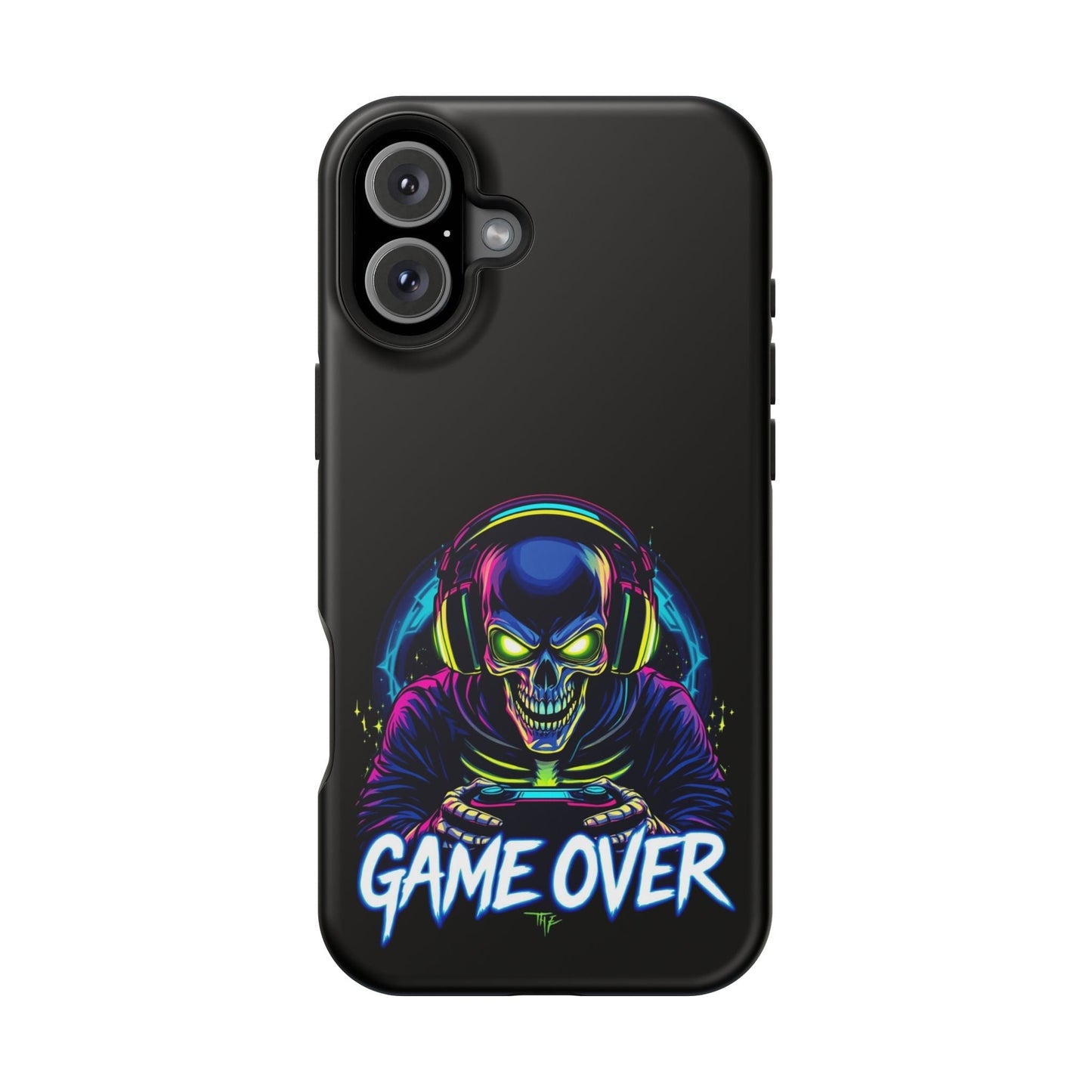 Game Over Gamer iPhone tough case with vibrant skull gamer design and MagSafe compatibility