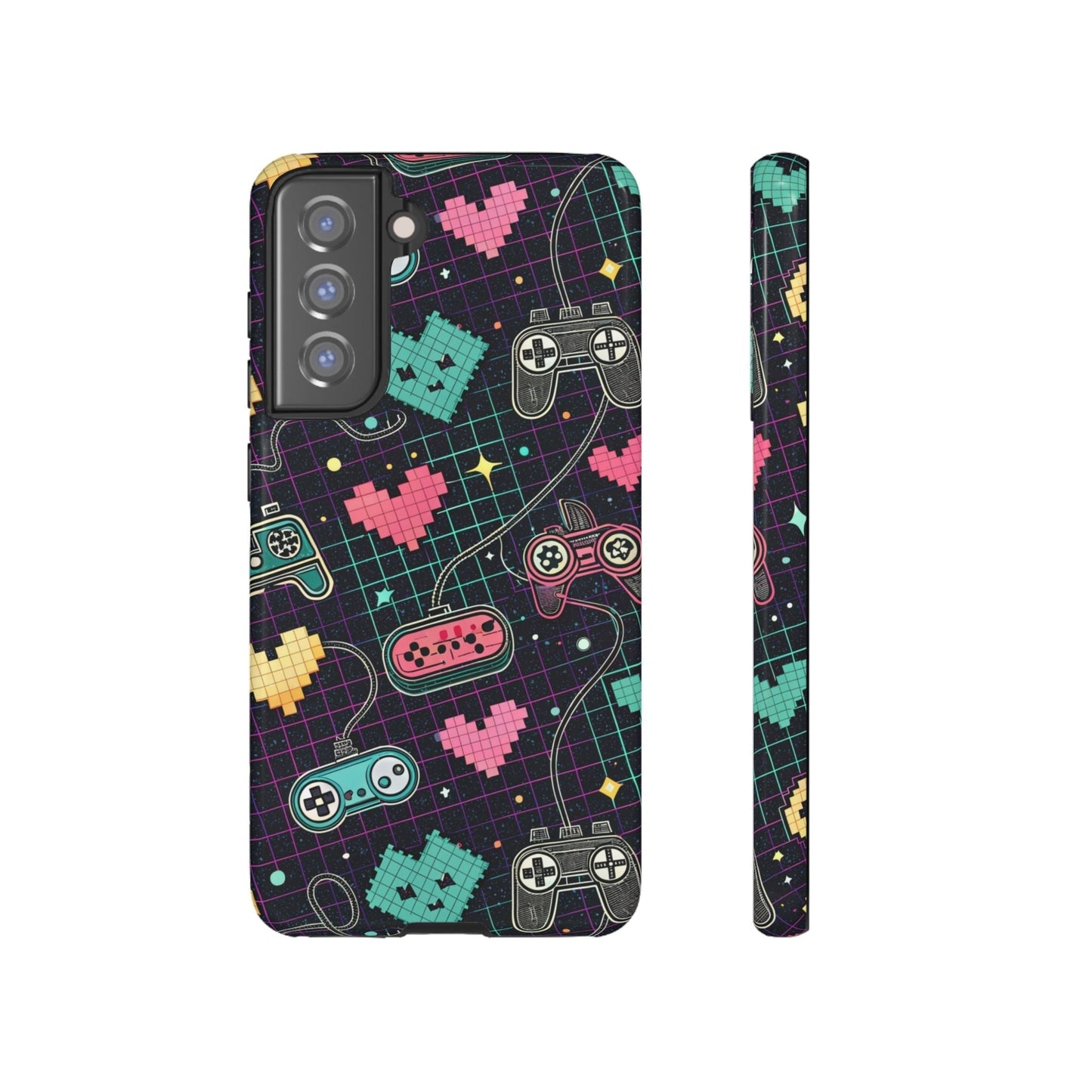 Retro Gamer Tough Case for Samsung Galaxy with colorful pixel heart and game controller design, durable and impact-resistant phone protection.