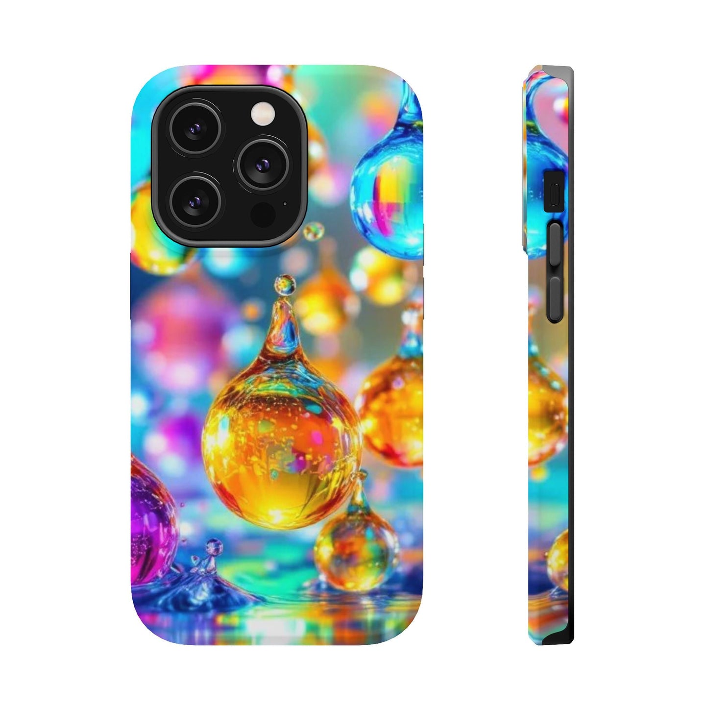 iPhone tough case with vibrant golden raindrop design and colorful abstract background, durable dual-layer protection with MagSafe compatibility