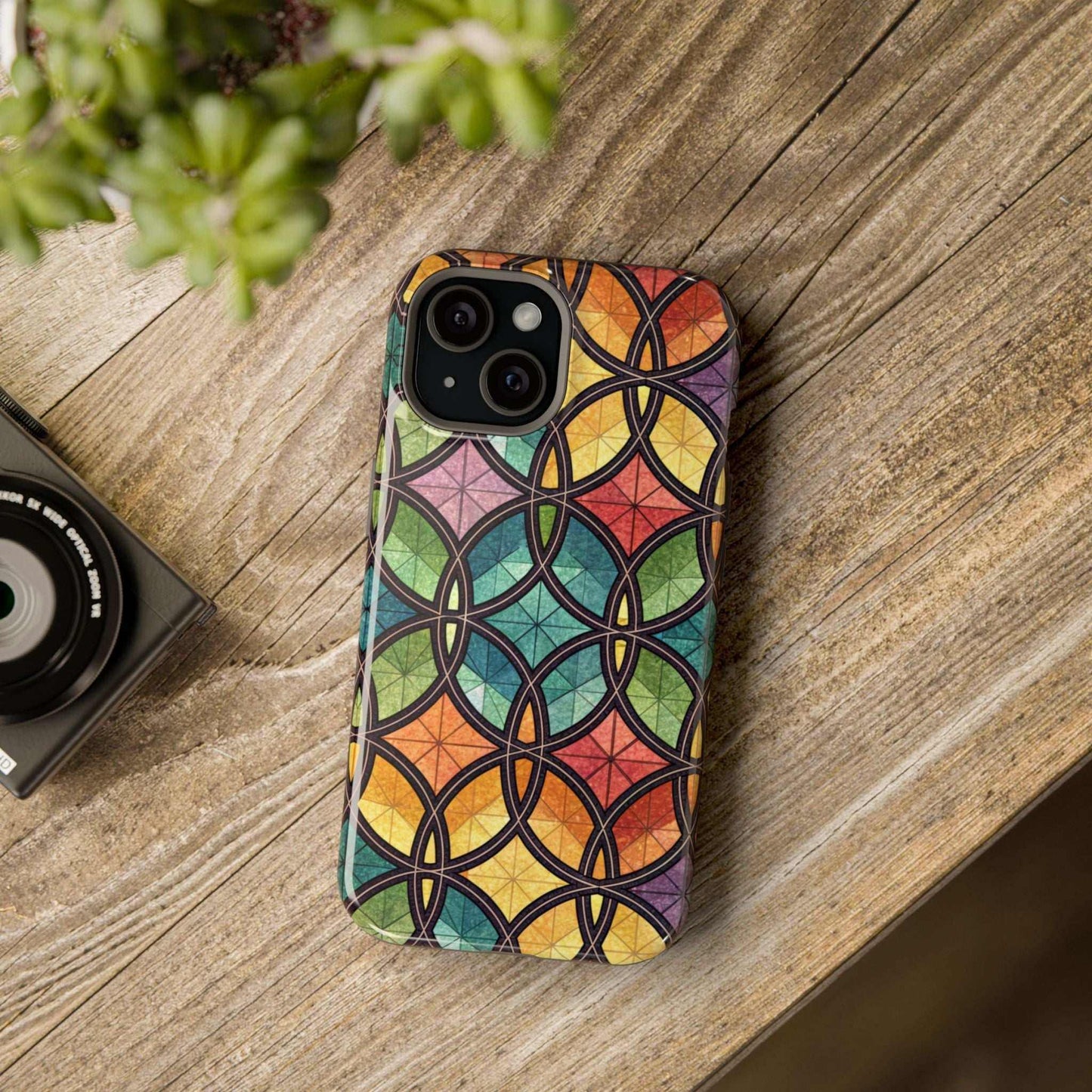 Rainbow Stain Glass iPhone case with colorful stained glass circle design and durable MagSafe protection