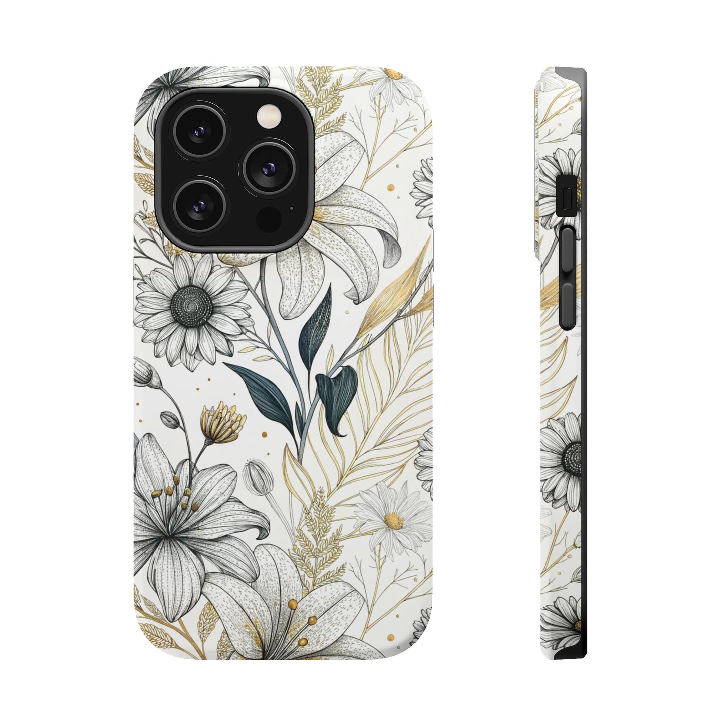 Golden Leaf Flower iPhone case with modern minimalist floral design, tough dual-layer protection, and built-in MagSafe magnet.