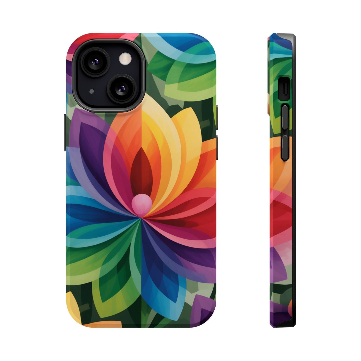 Rainbow Flower iPhone case with vibrant multicolor floral design, MagSafe compatible, durable protective shell.