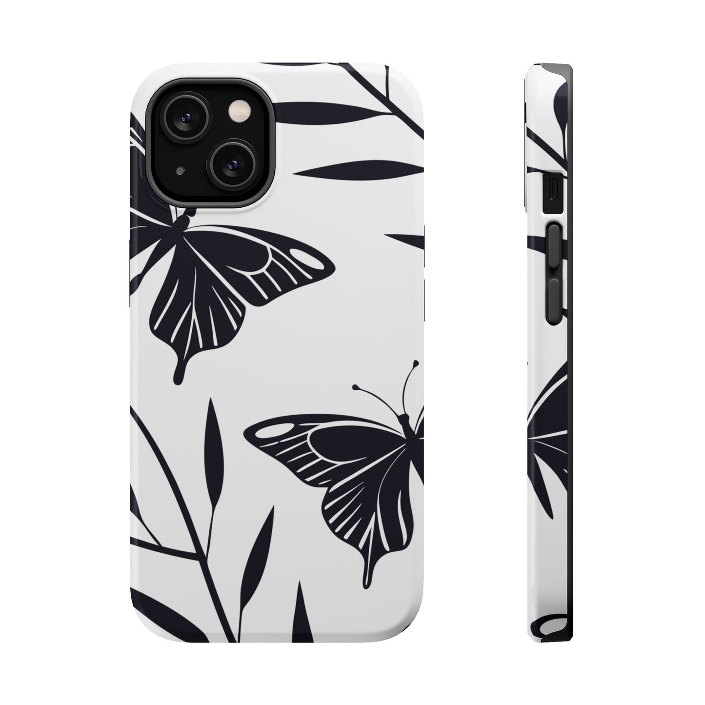 Black and white minimalist butterfly iPhone case with durable polycarbonate and TPU dual-layer protection, MagSafe compatible, sleek and elegant design