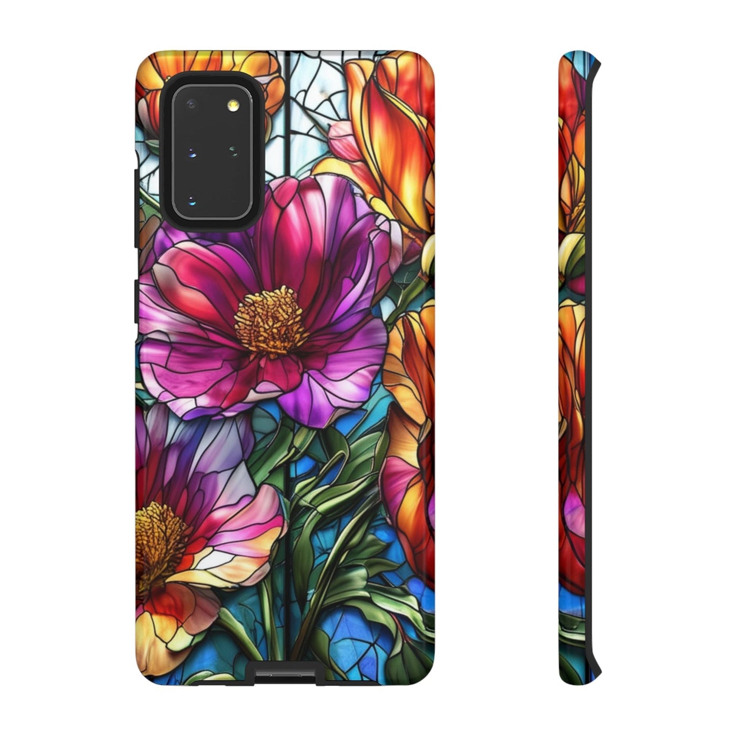 Samsung phone case with vibrant purple flower design, impact-resistant and UV protected, featuring premium TPU silicone liner and wireless charging support