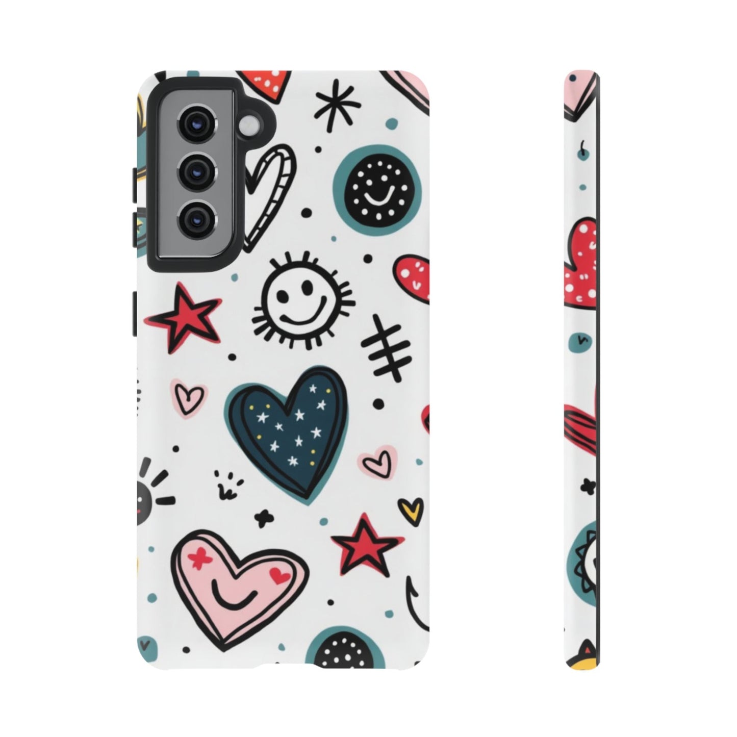 Samsung Tough Phone Case with playful smiles and hearts design, durable and shock-absorbent protection for Samsung Galaxy models