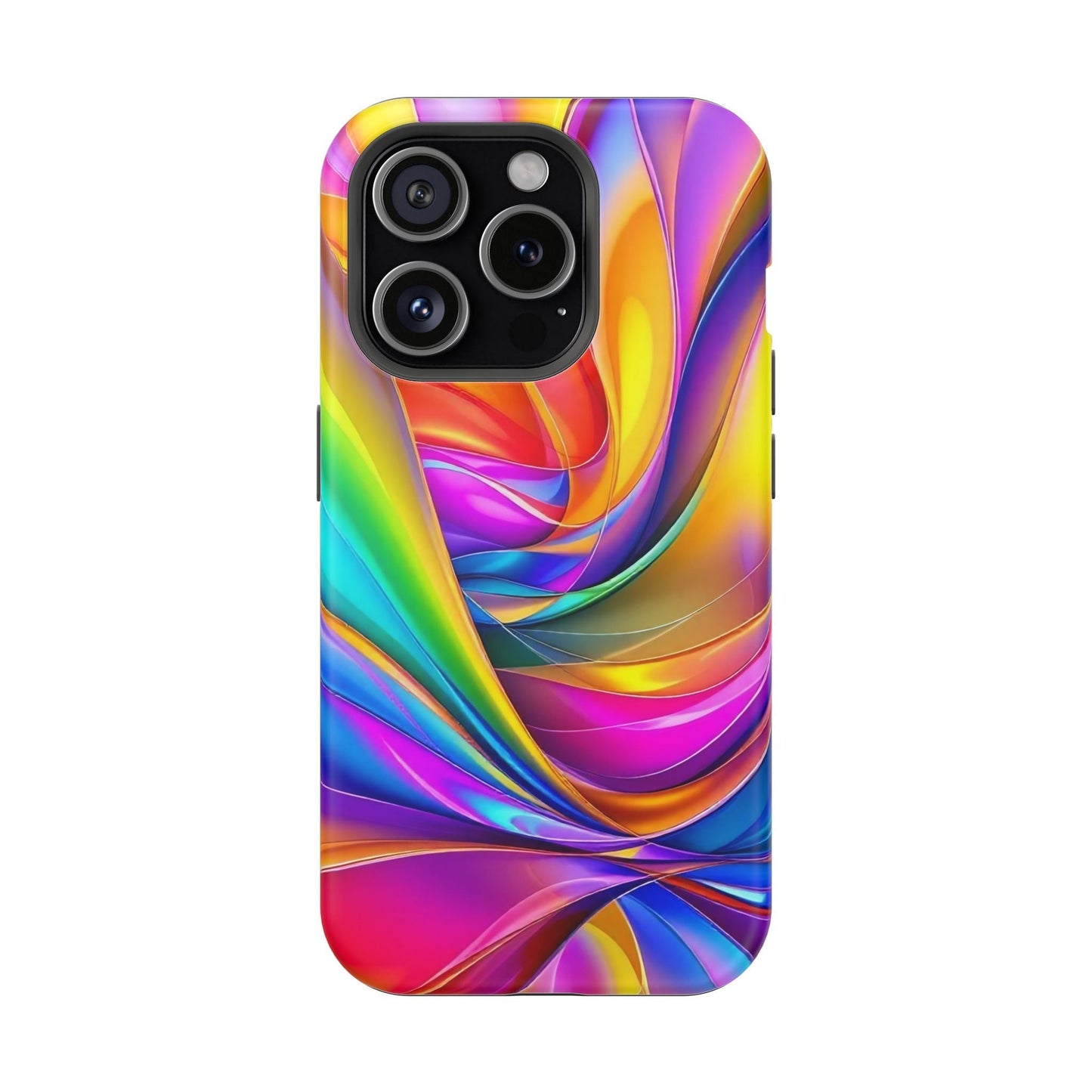 iPhone tough case with vibrant Deconstructed Rainbow Wave design in bright, swirling colors and MagSafe compatibility