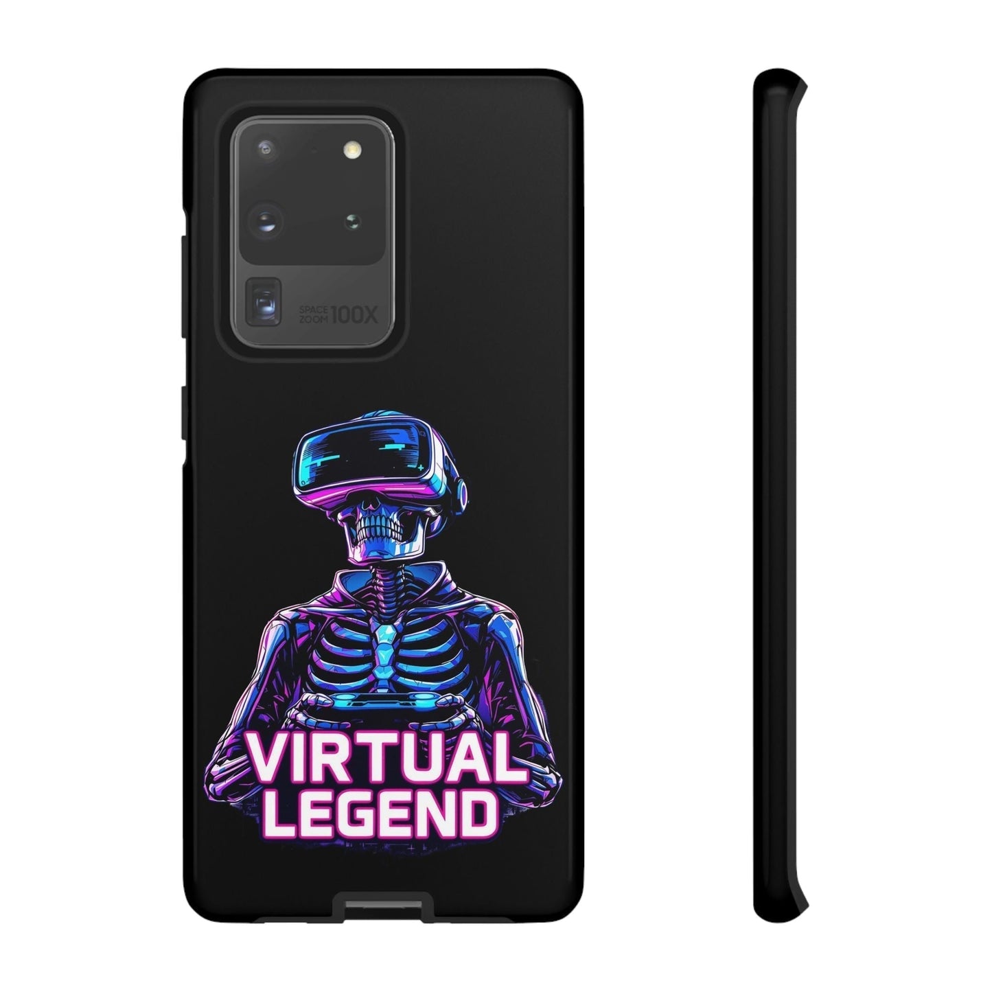 Samsung phone case with neon skeleton gamer wearing VR headset and "Virtual Legend" text, durable shockproof design