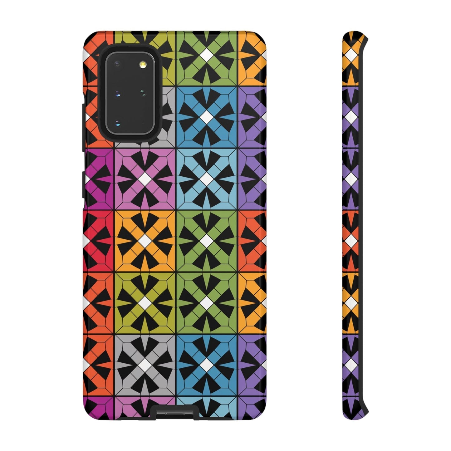 Samsung Galaxy phone case with colorful rainbow abstract geometric pattern, durable shockproof protective cover, slim design with 3D wrap print.