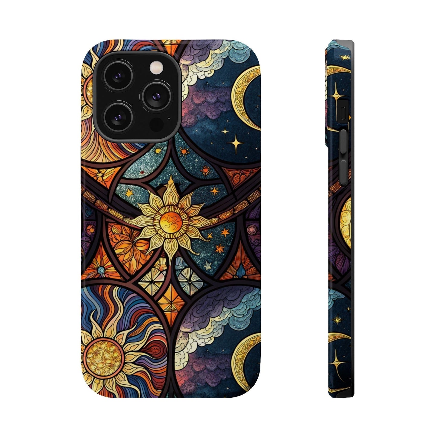 Sun and Moon iPhone case with celestial design, dual-layer protection, MagSafe compatible, matte or glossy finish