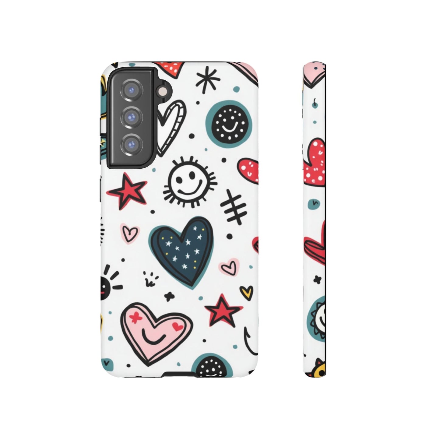 Smiles and Hearts Samsung tough phone case with colorful hearts and stars design on white background for Samsung Galaxy models