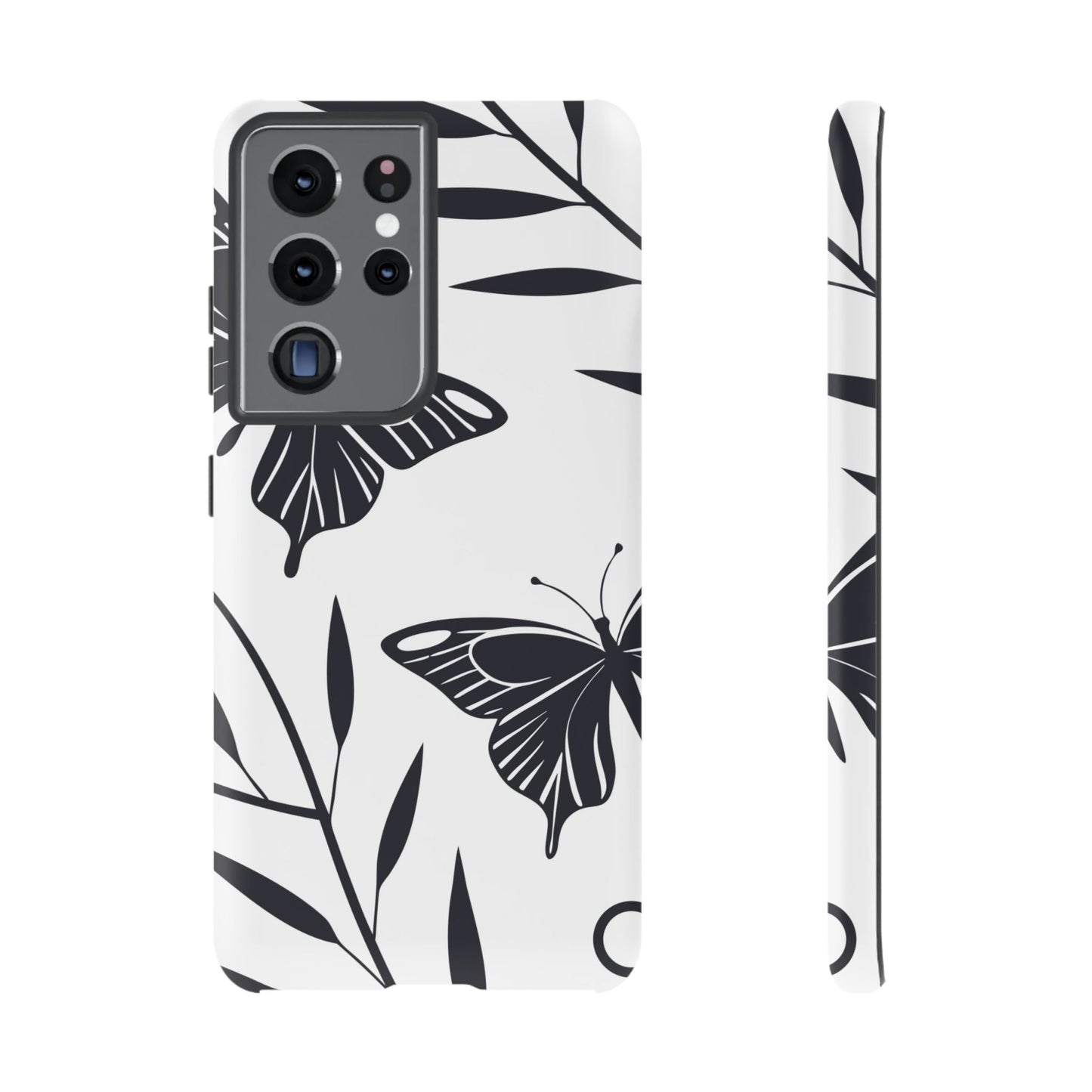 Minimalist black and white butterfly Samsung phone case with elegant nature design and robust protection.