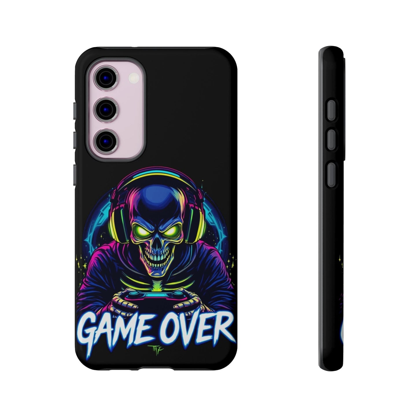 Game Over Design Samsung tough phone case with neon gamer skull graphic and impact-resistant protection for Galaxy models