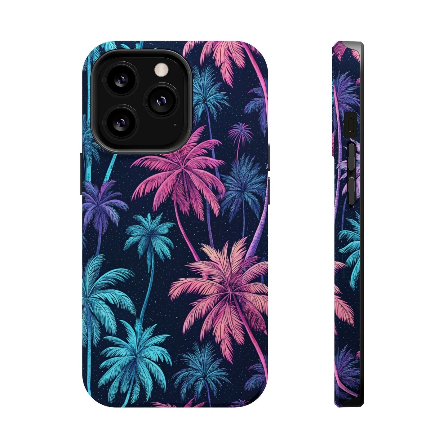 iPhone case with neon pink and blue palm trees design on a dark background, featuring MagSafe compatibility and dual-layer protection