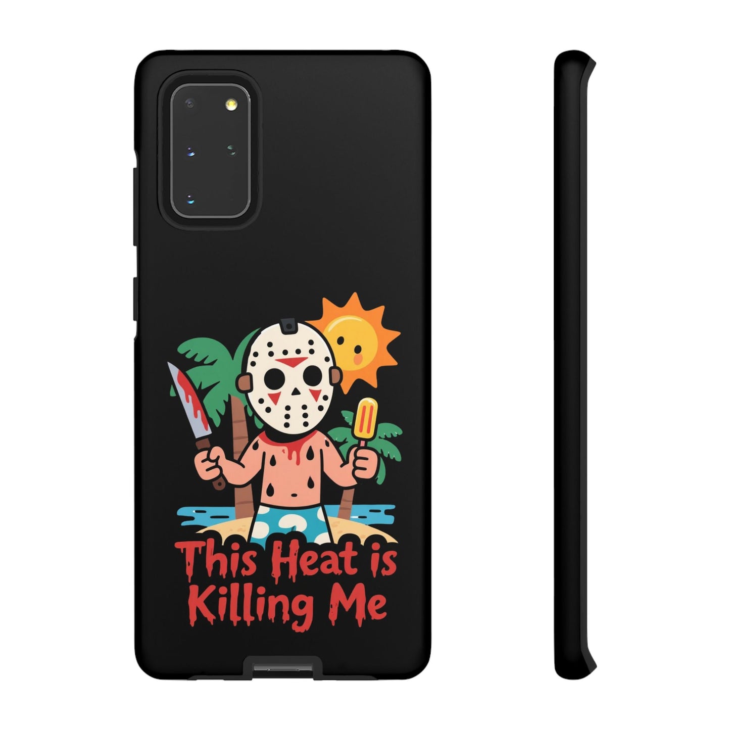 Samsung phone case with "This Heat is Killing Me" Summerween design featuring a cartoon character holding a bloody knife and a popsicle under a bright sun on a tropical background