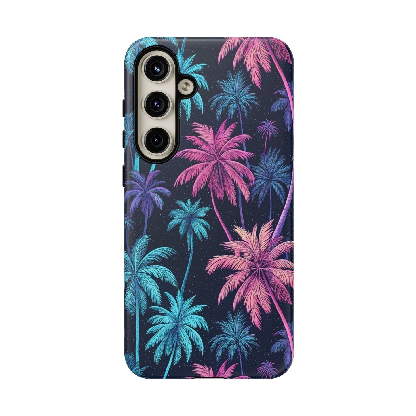 Samsung phone case with vibrant neon pink and blue palm tree design, durable and stylish protection