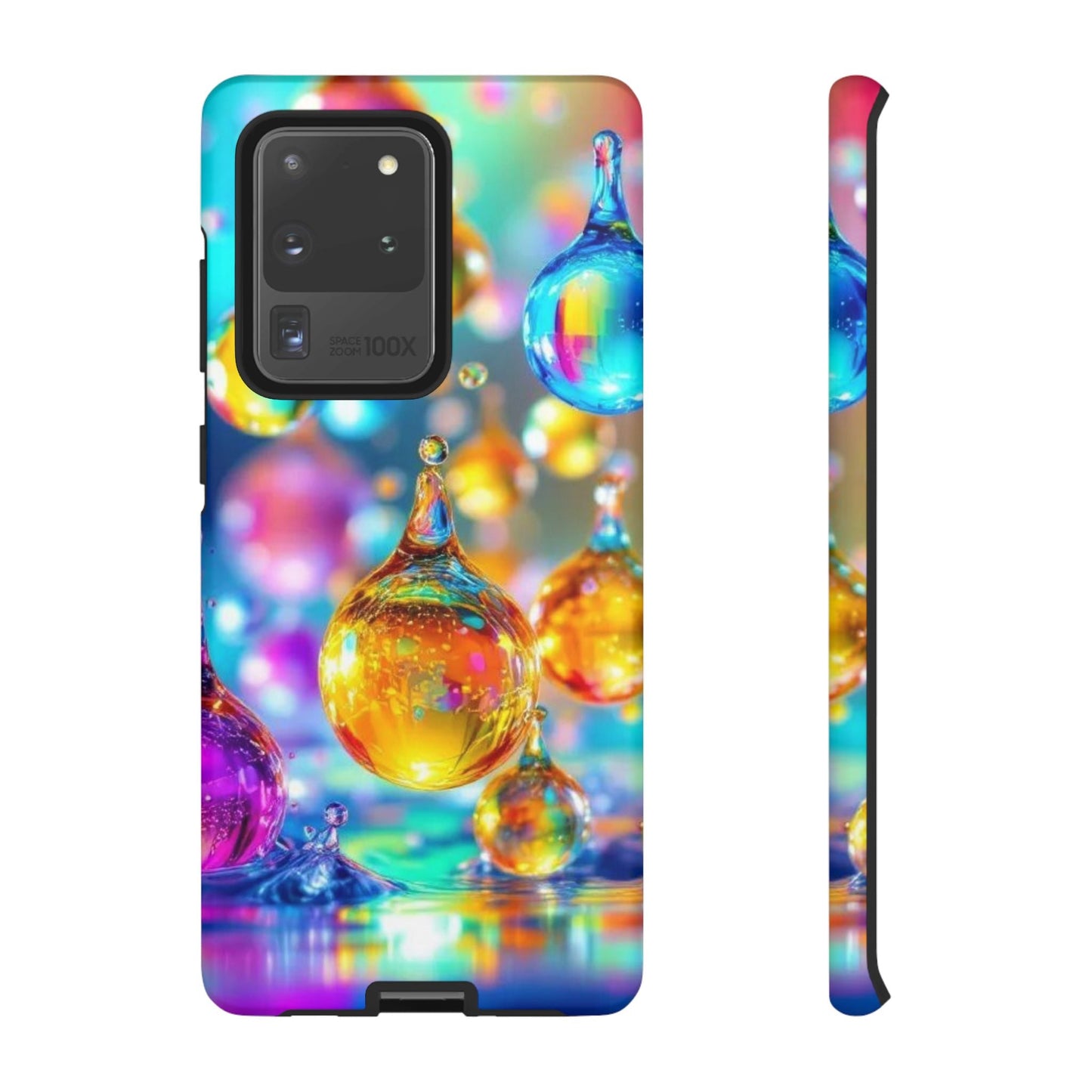 Golden Raindrop phone case with vibrant 3D colorful droplet design for Samsung Galaxy phones, offering durable shock and impact protection.