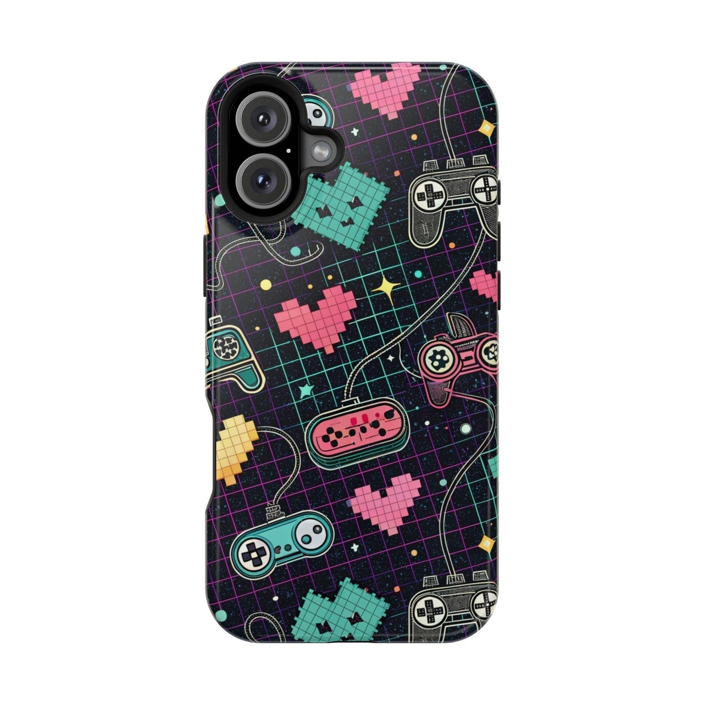 Retro Gamer Inspire magnetic tough iPhone case with pixelated hearts and vintage game controllers design, dual-layer protection for multiple iPhone models