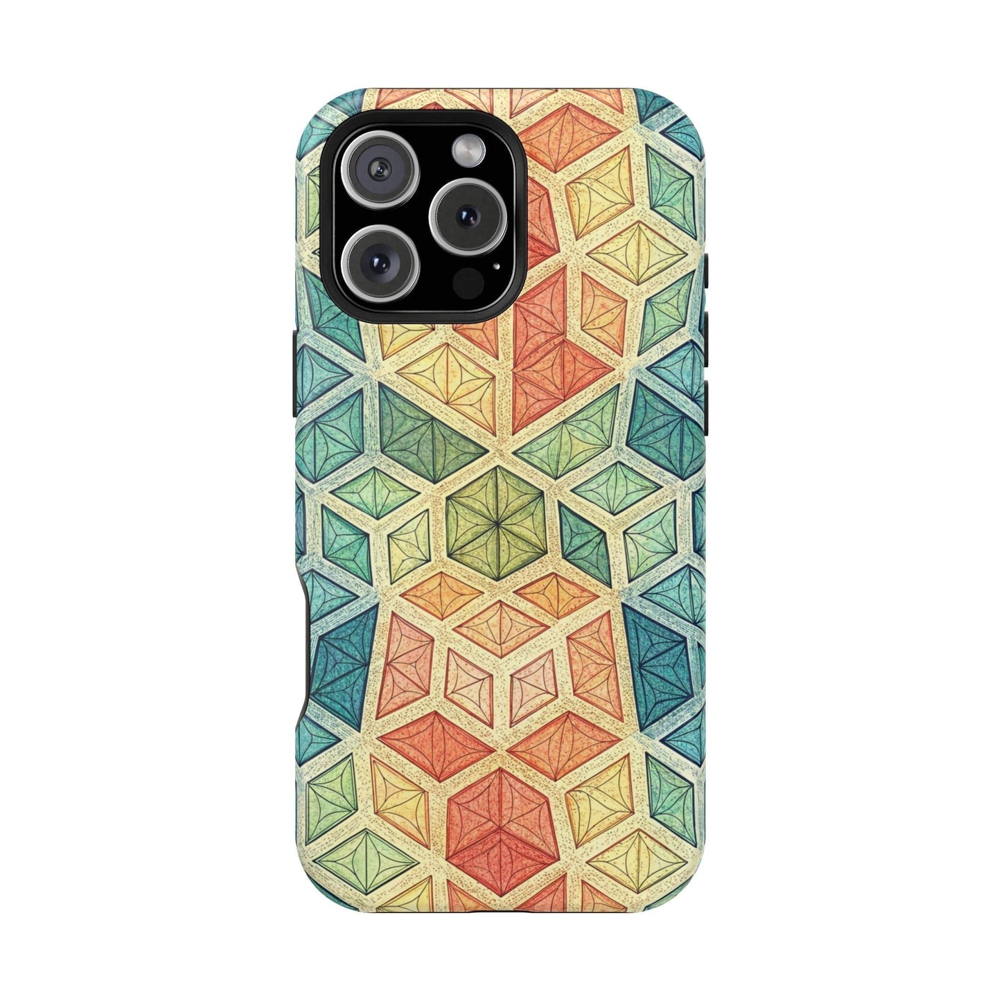 Colorful fractal patterned tough iPhone case with magnetic MagSafe compatibility and durable dual-layer design