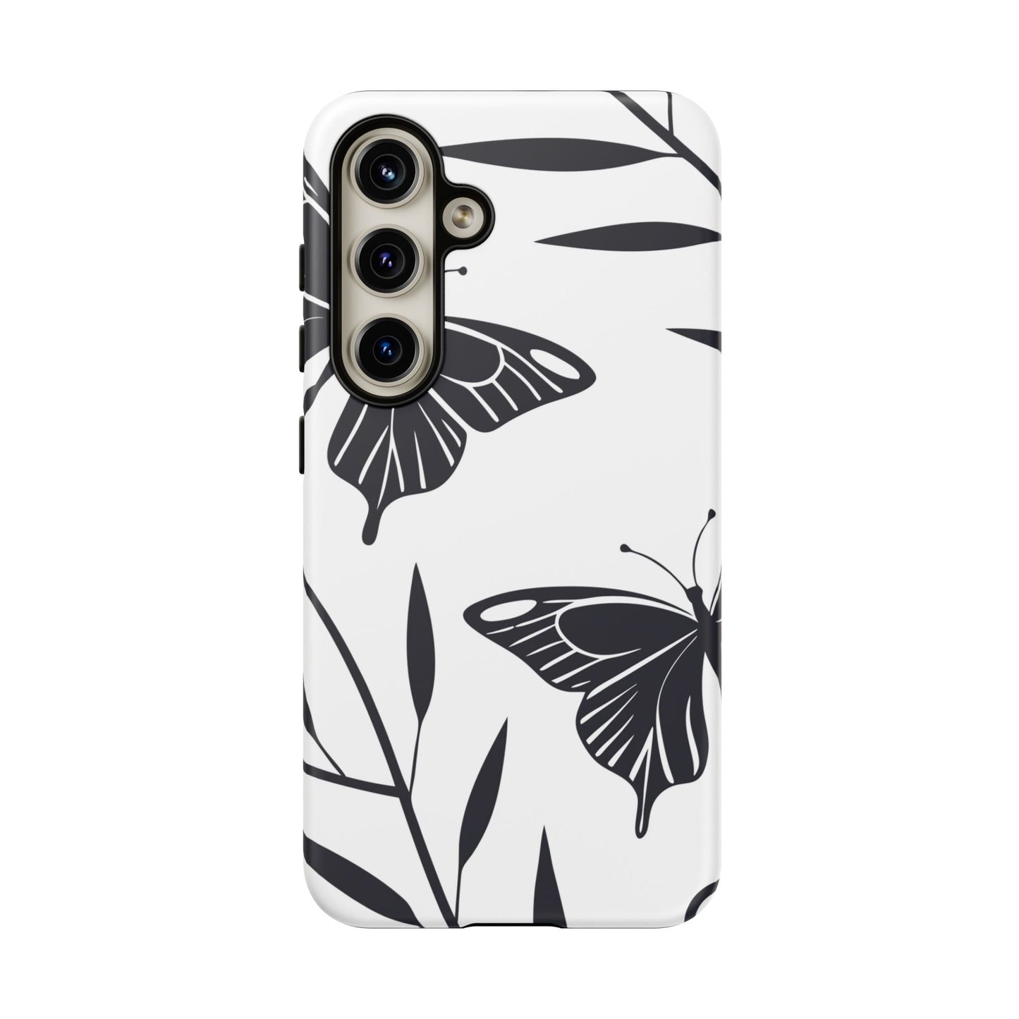 Minimalist black and white butterfly design Samsung phone case with elegant floral accents and robust protection.