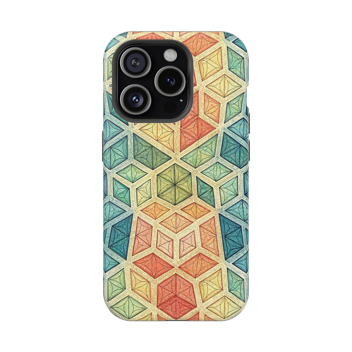 Colorful fractal pattern iPhone tough case with magnetic MagSafe compatibility and durable polycarbonate-TPU design