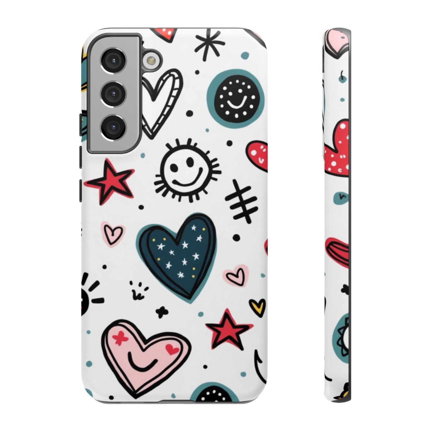 Smiles and Hearts Samsung tough phone case with playful heart and smiley designs on white background