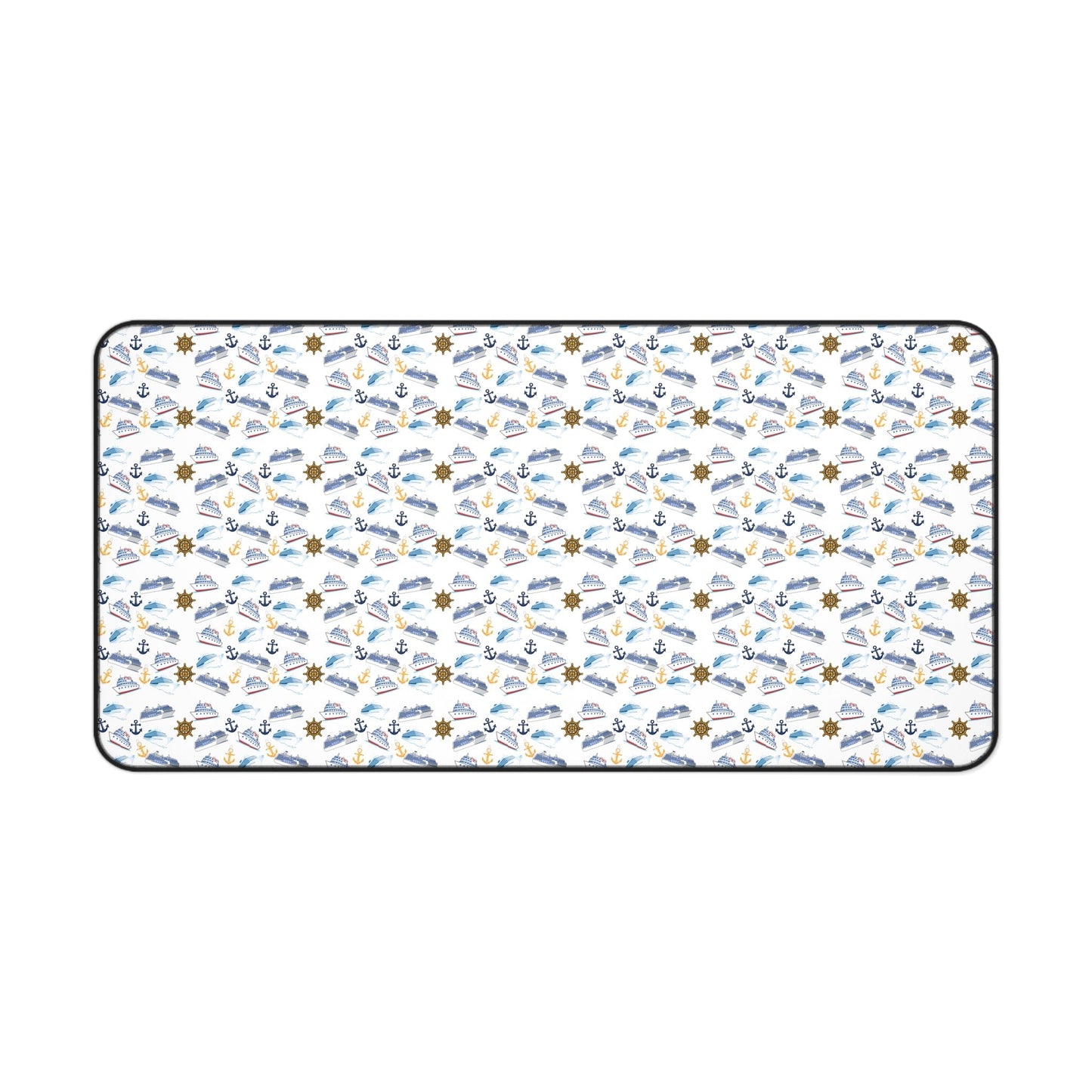 Cruise ship inspired desk mat with nautical-themed print, non-slip neoprene surface, and hemmed edges.