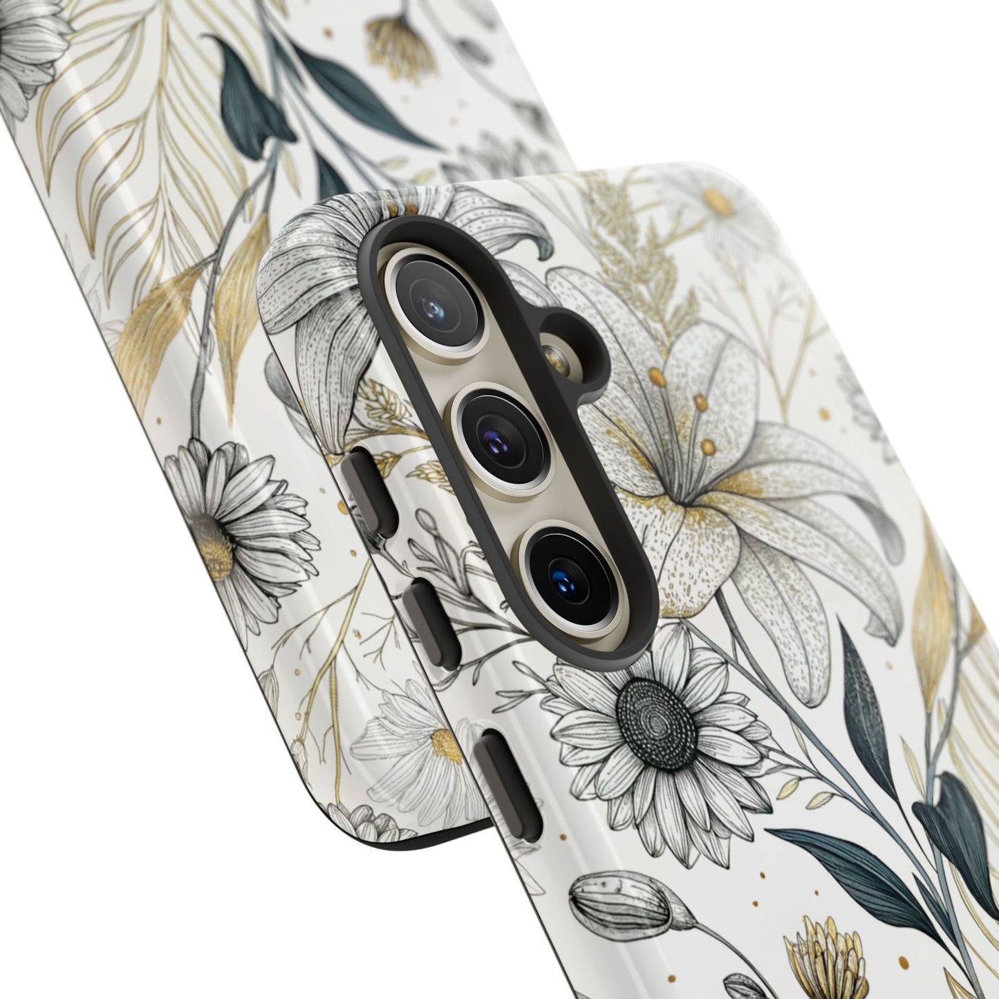 Samsung tough phone case with golden leaf minimalist floral design and durable 3D print protection
