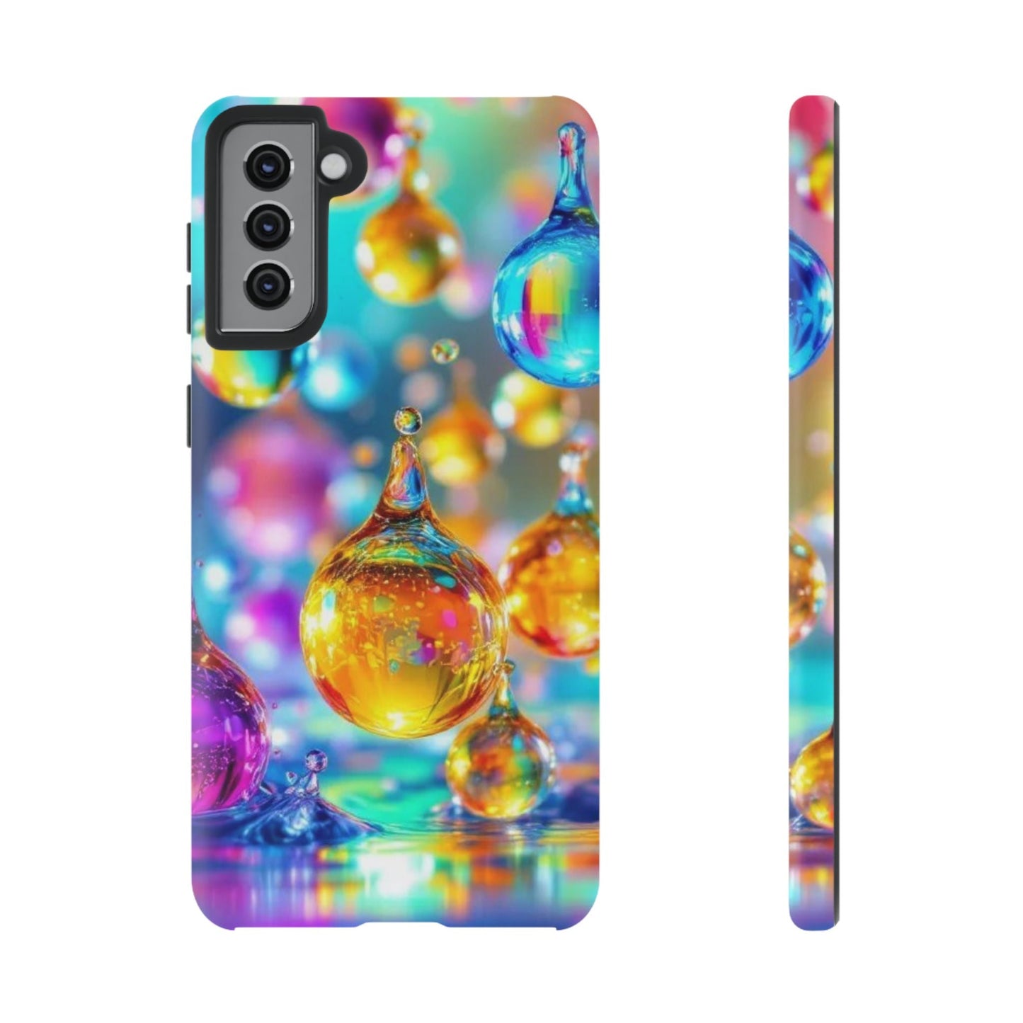 Golden Raindrop Phone Case with vibrant 3D colorful raindrop design for Samsung Galaxy series, durable and shockproof protection