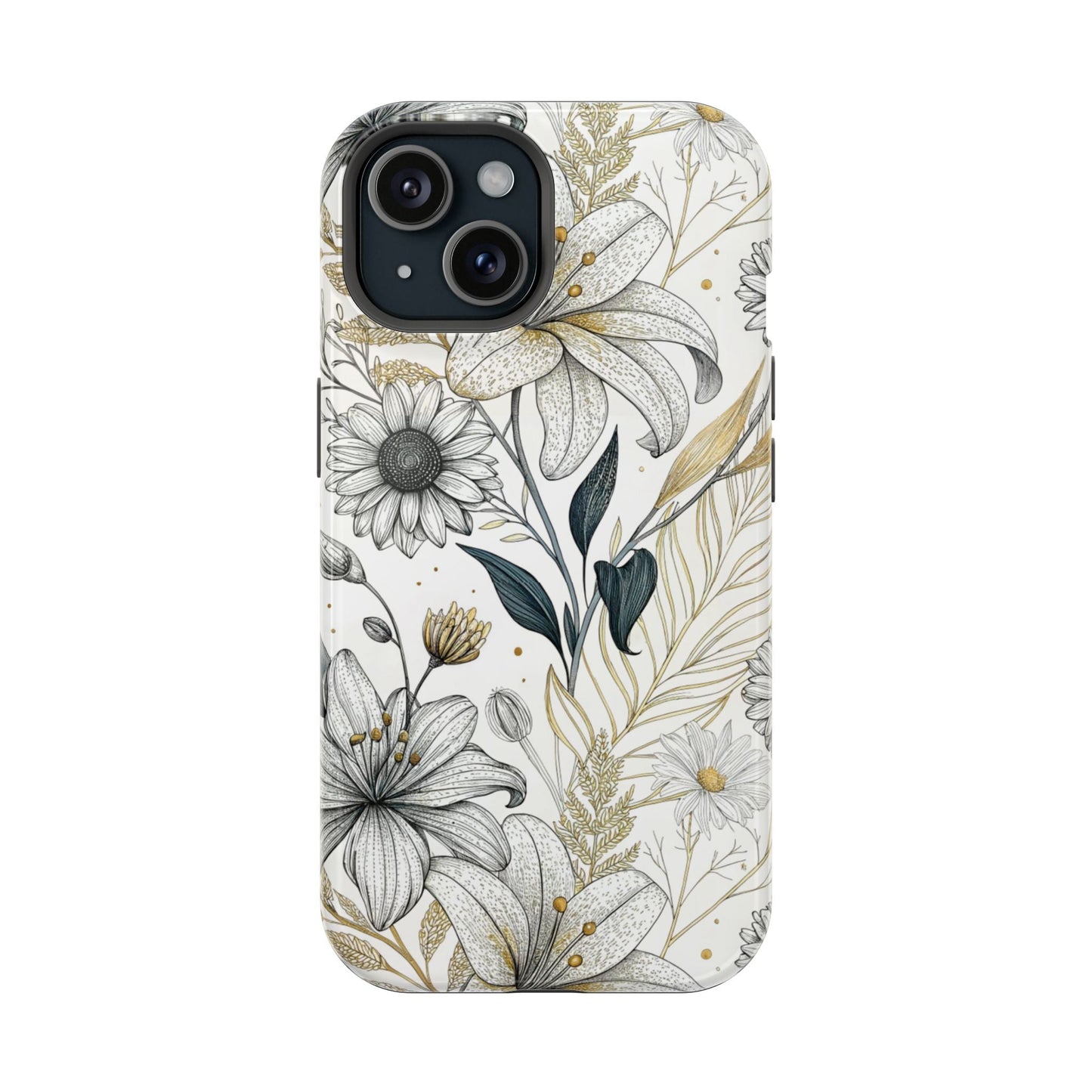 Golden Leaf Flower iPhone case with modern minimalist floral design, durable dual-layer protection, and built-in MagSafe magnet.