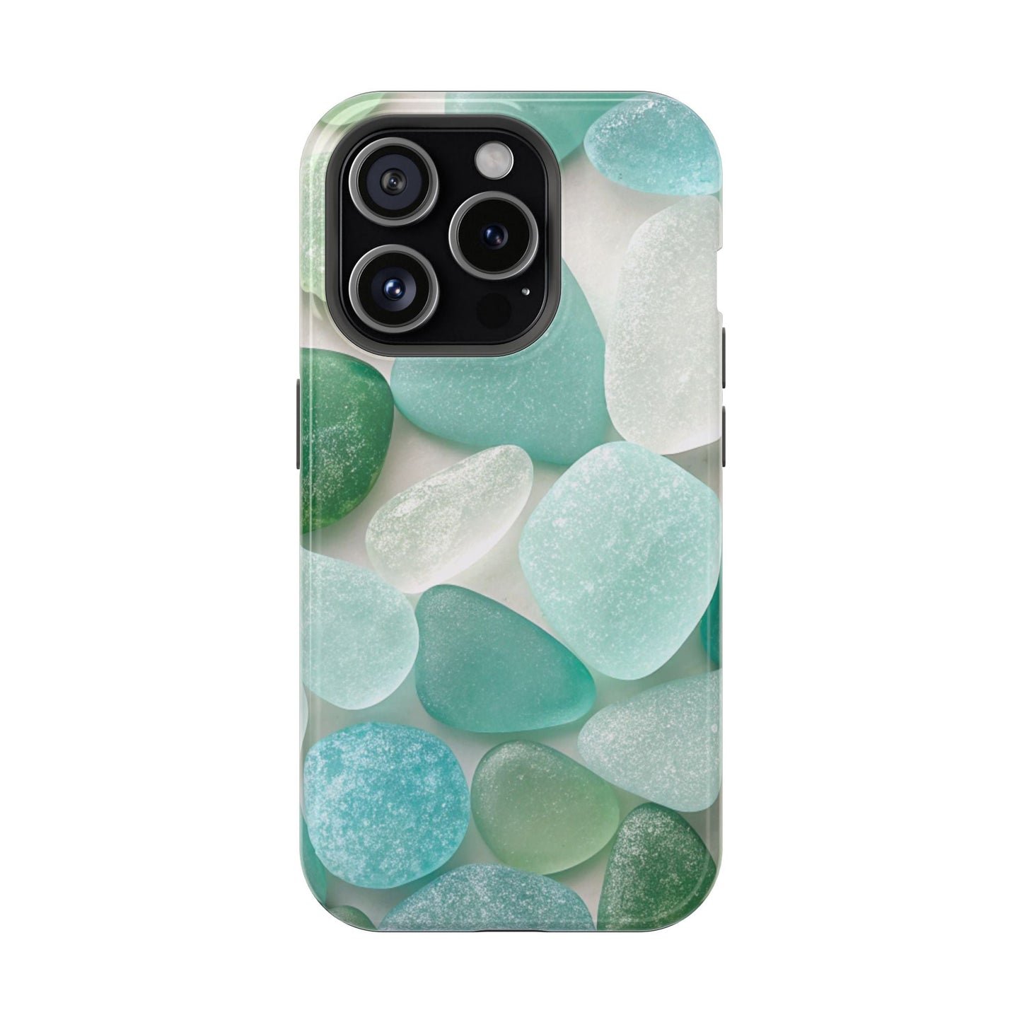 iPhone case with sea glass inspired design in blue and green tones with MagSafe compatibility