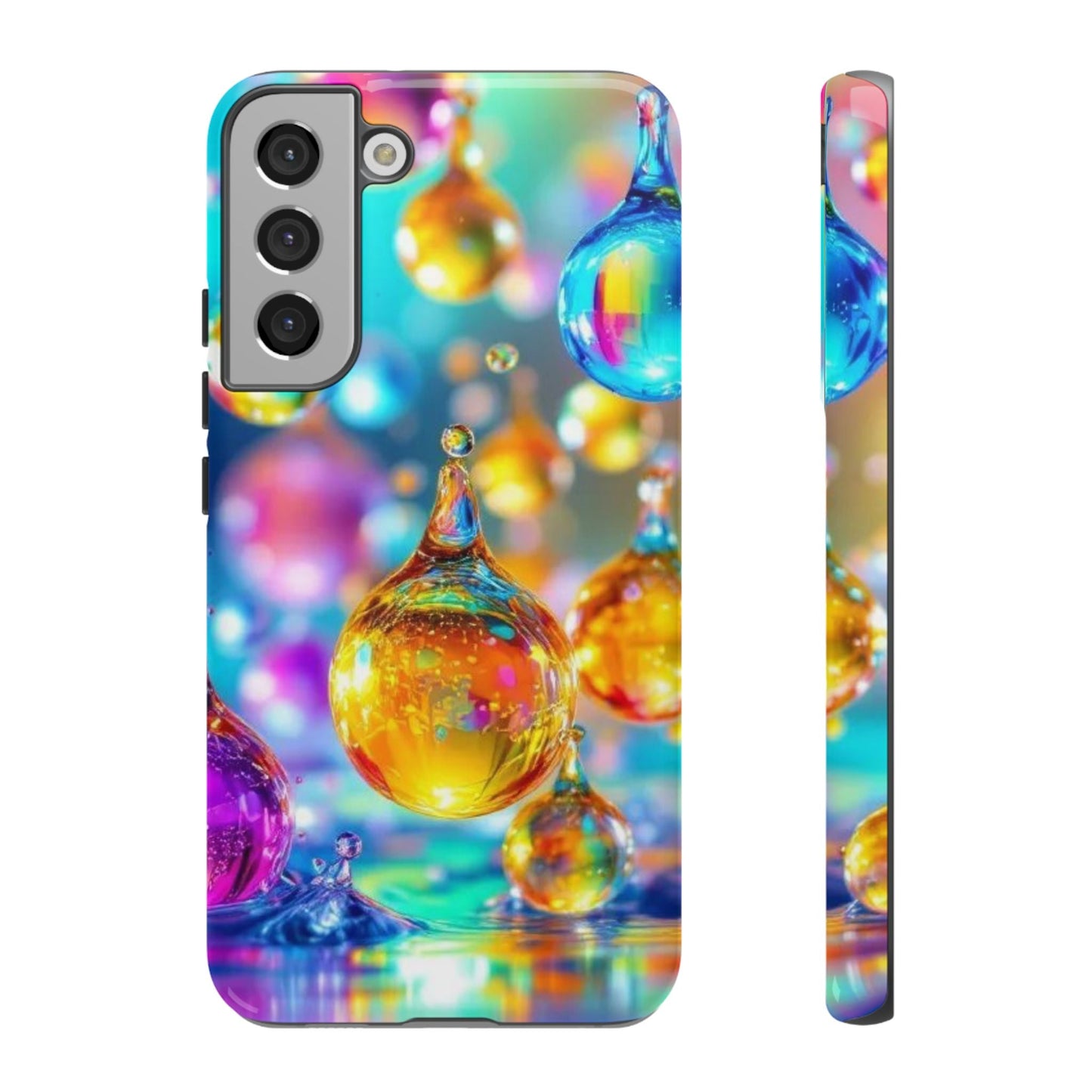 Samsung phone case with vibrant golden raindrop 3D design, durable and shock-absorbing protection for Galaxy S series models.