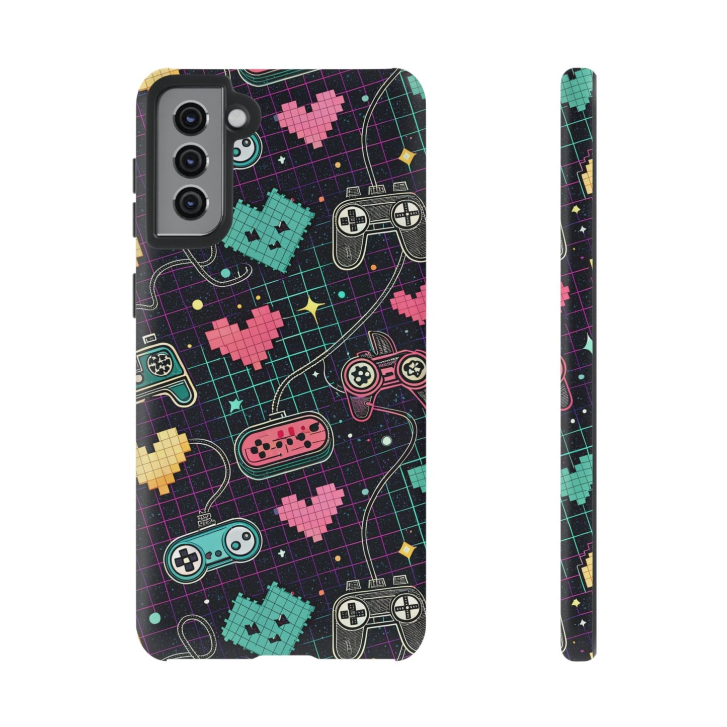 Retro Gamer Tough Case for Samsung Galaxy with pixel art hearts and game controllers design, durable and impact-resistant phone case.