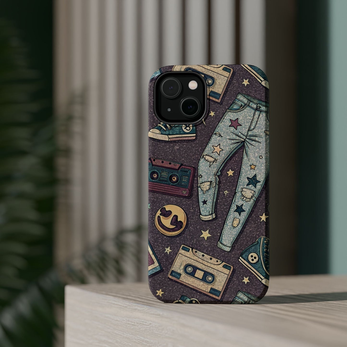iPhone tough case with 90s grunge cassette tape collage, graffiti logos, and ripped jeans design