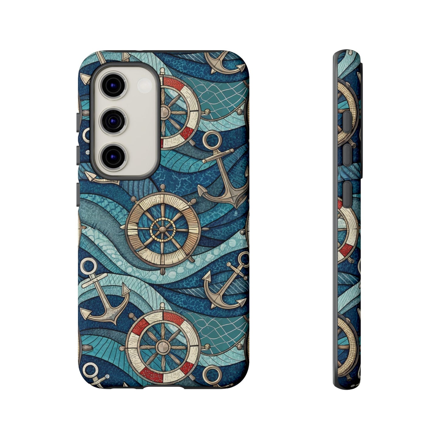Nautical Anchor Samsung Tough Case with life preserver and ship wheel design in blue ocean waves, durable shock-absorbent Samsung phone cover