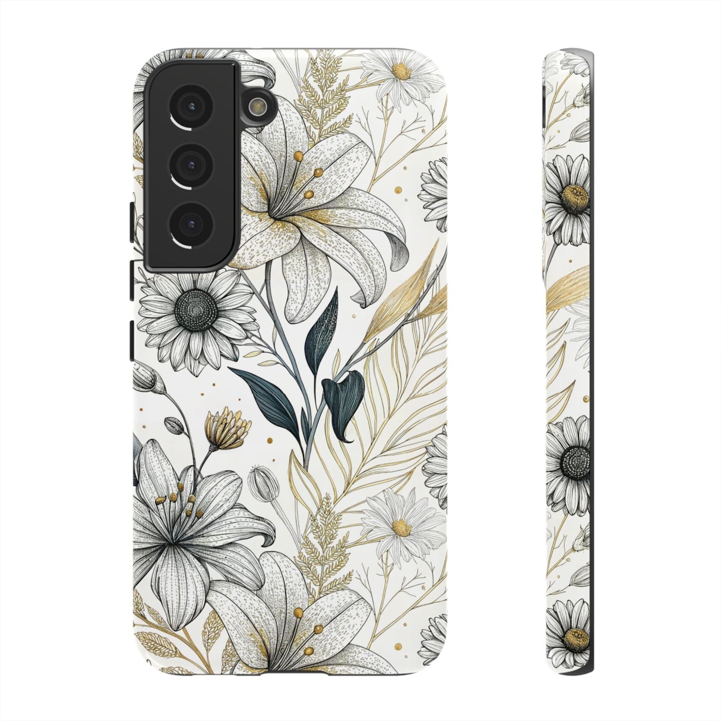 Minimalist Samsung tough case with golden leaf and floral design for durable phone protection