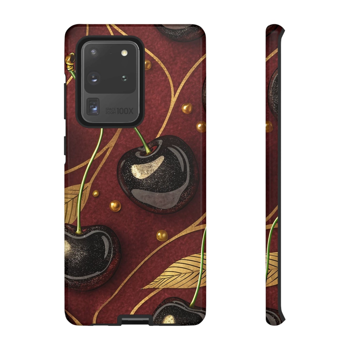 Samsung phone case with golden cherry design and durable tough protection