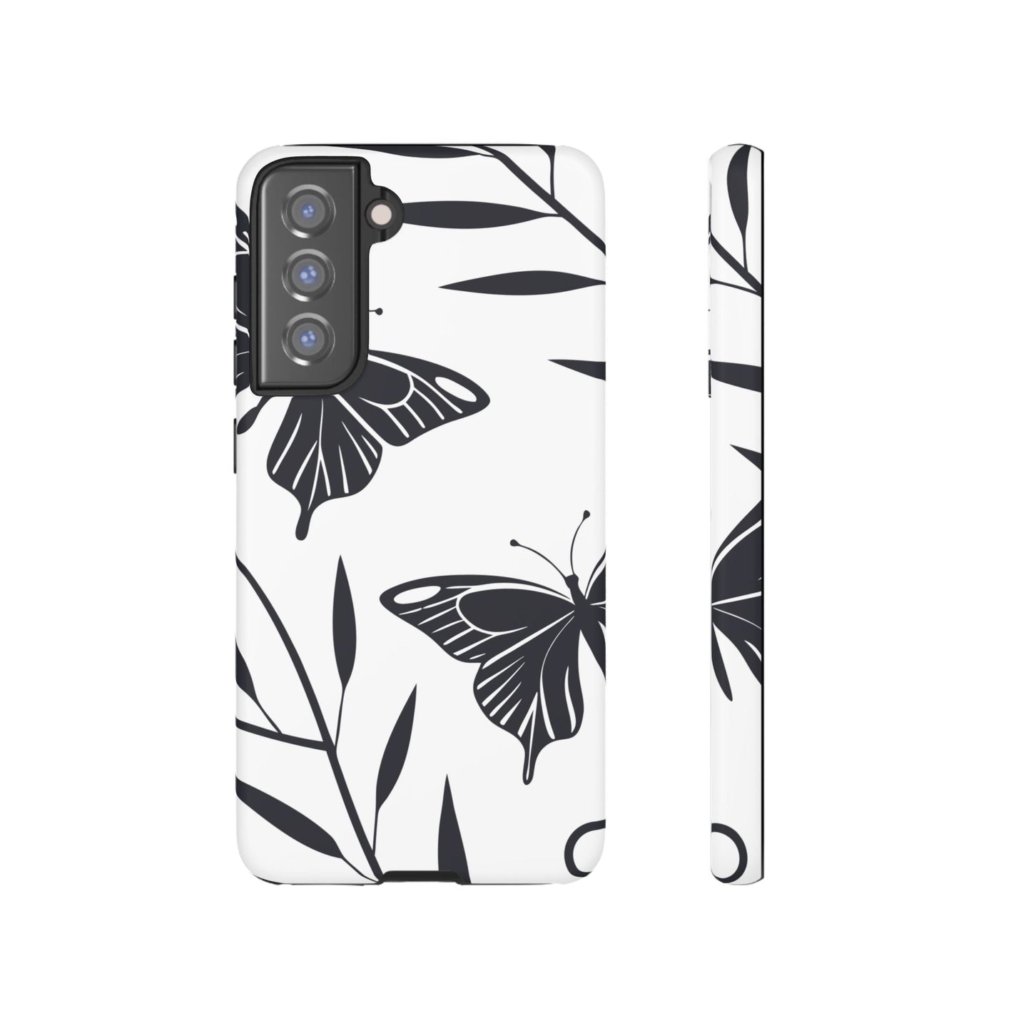Minimalist black and white butterfly Samsung tough phone case with elegant floral design and protective cover.