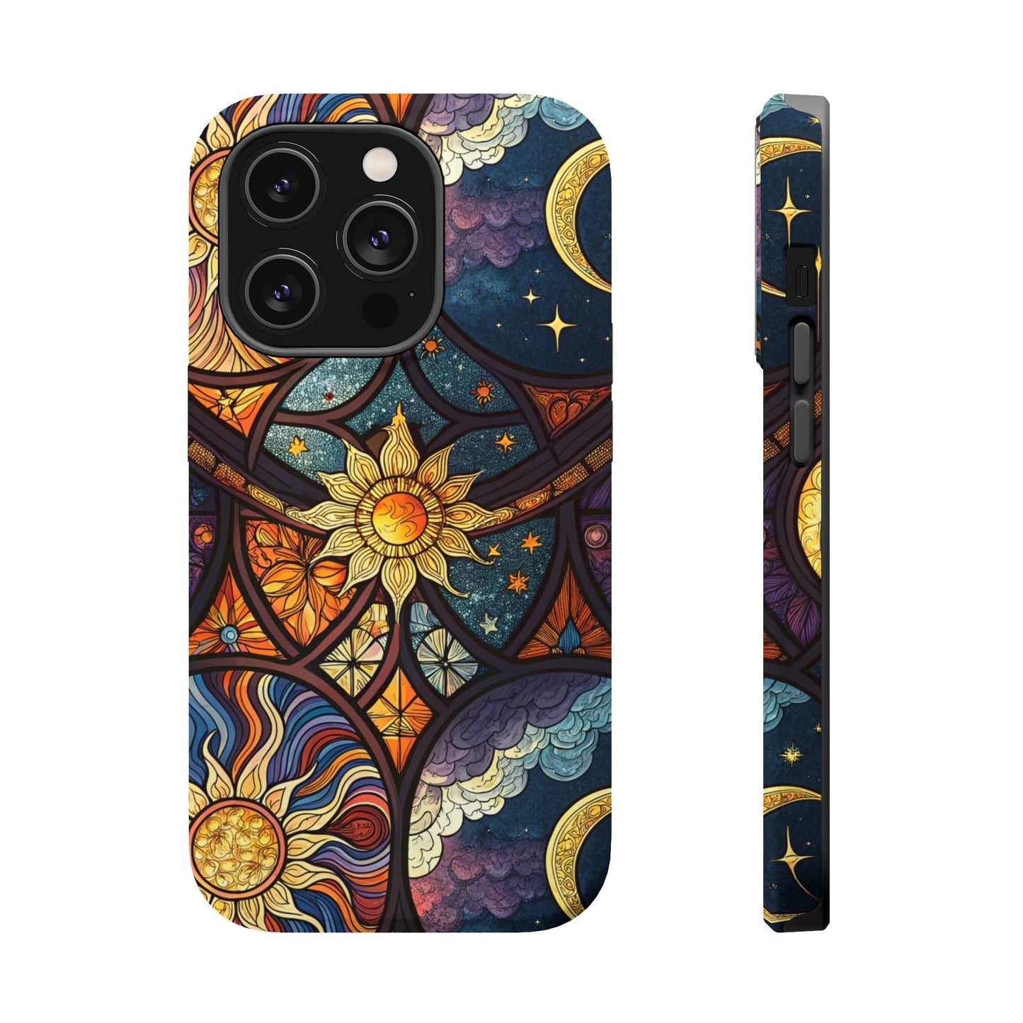 Sun and Moon iPhone case with vibrant celestial design, tough dual-layer protection, MagSafe compatible, available in matte or glossy finish.